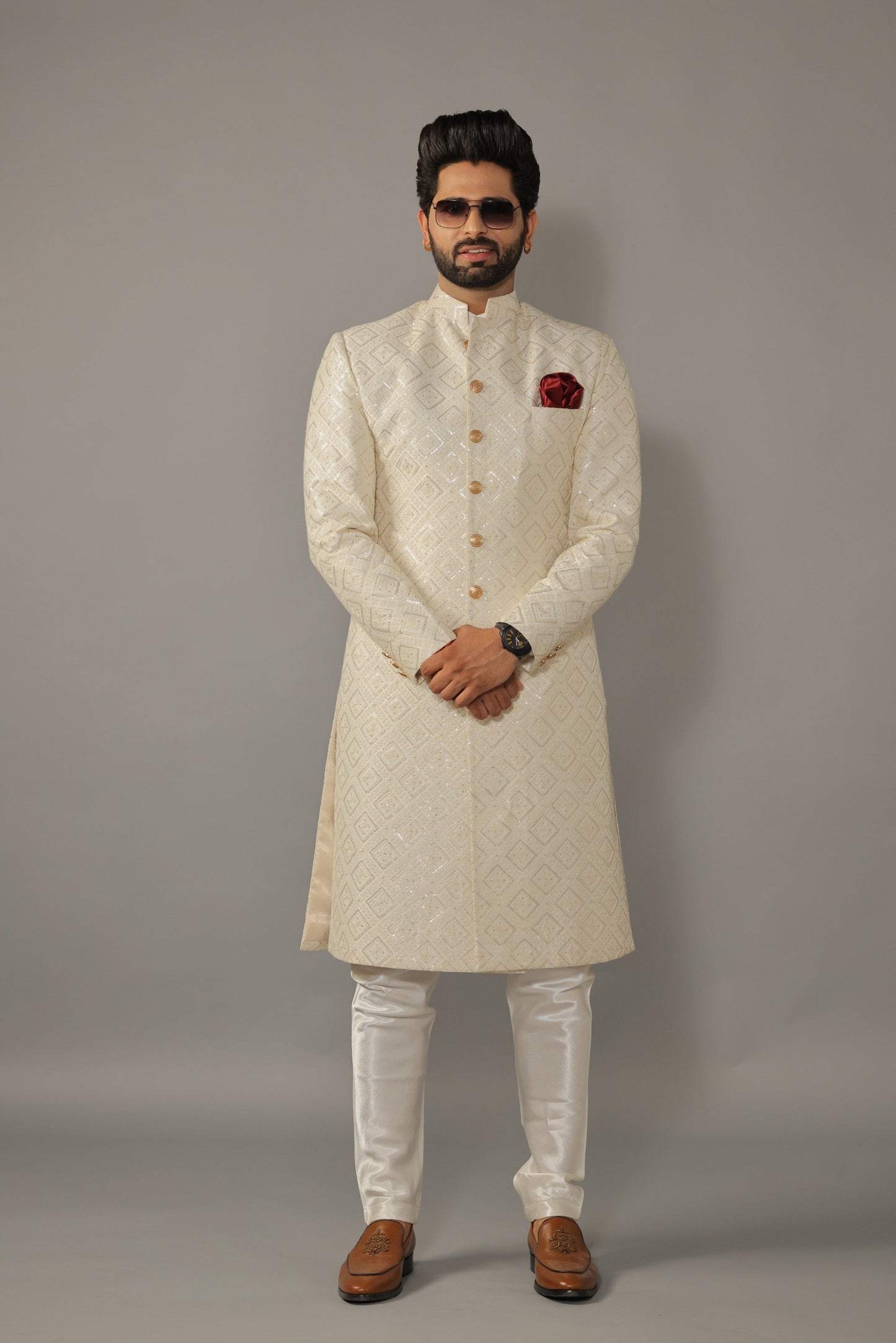 Square Pattern Embroidered White Sherwani for Men | Father Son Combo | Sequin Work | Perfect Groom Wear