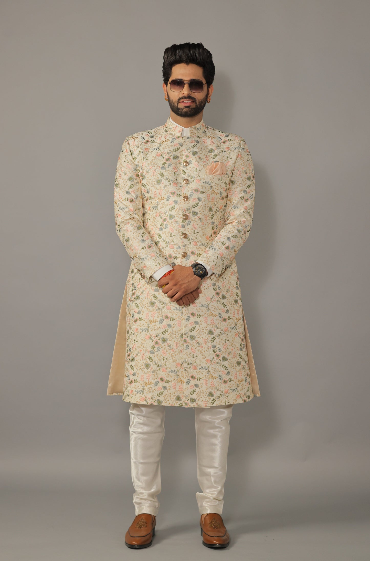 Lucknowi Chikankari Embroidered Pastel Color Sherwani Achkan with Floral Details