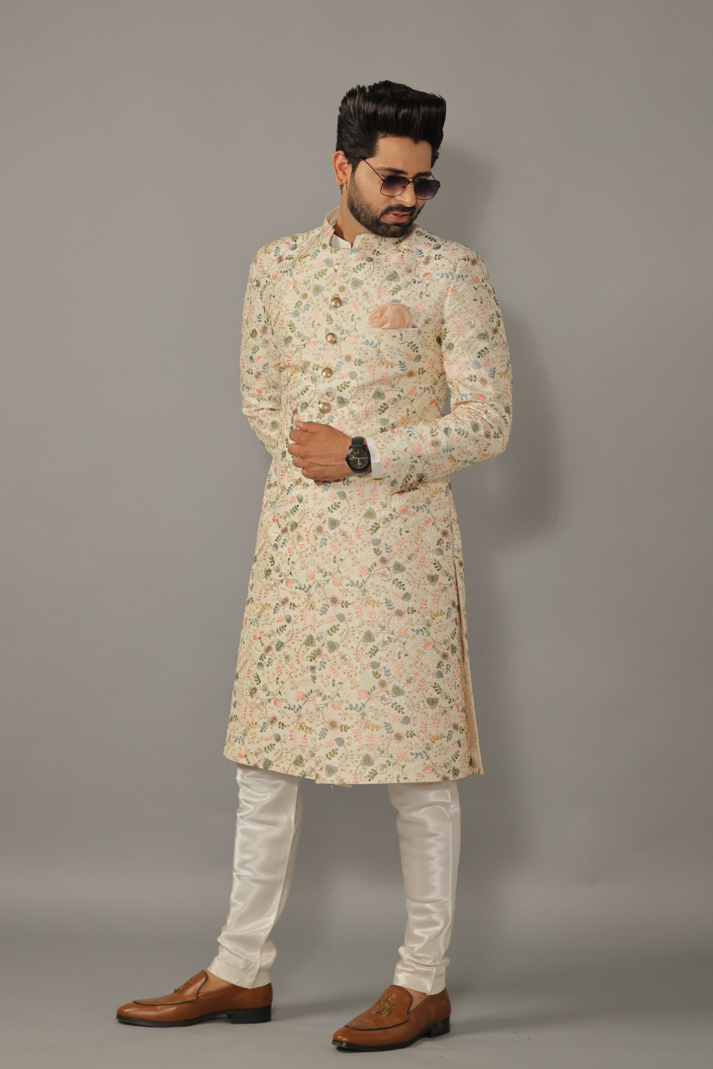 Lucknowi Chikankari Embroidered Pastel Color Sherwani Achkan with Floral Details
