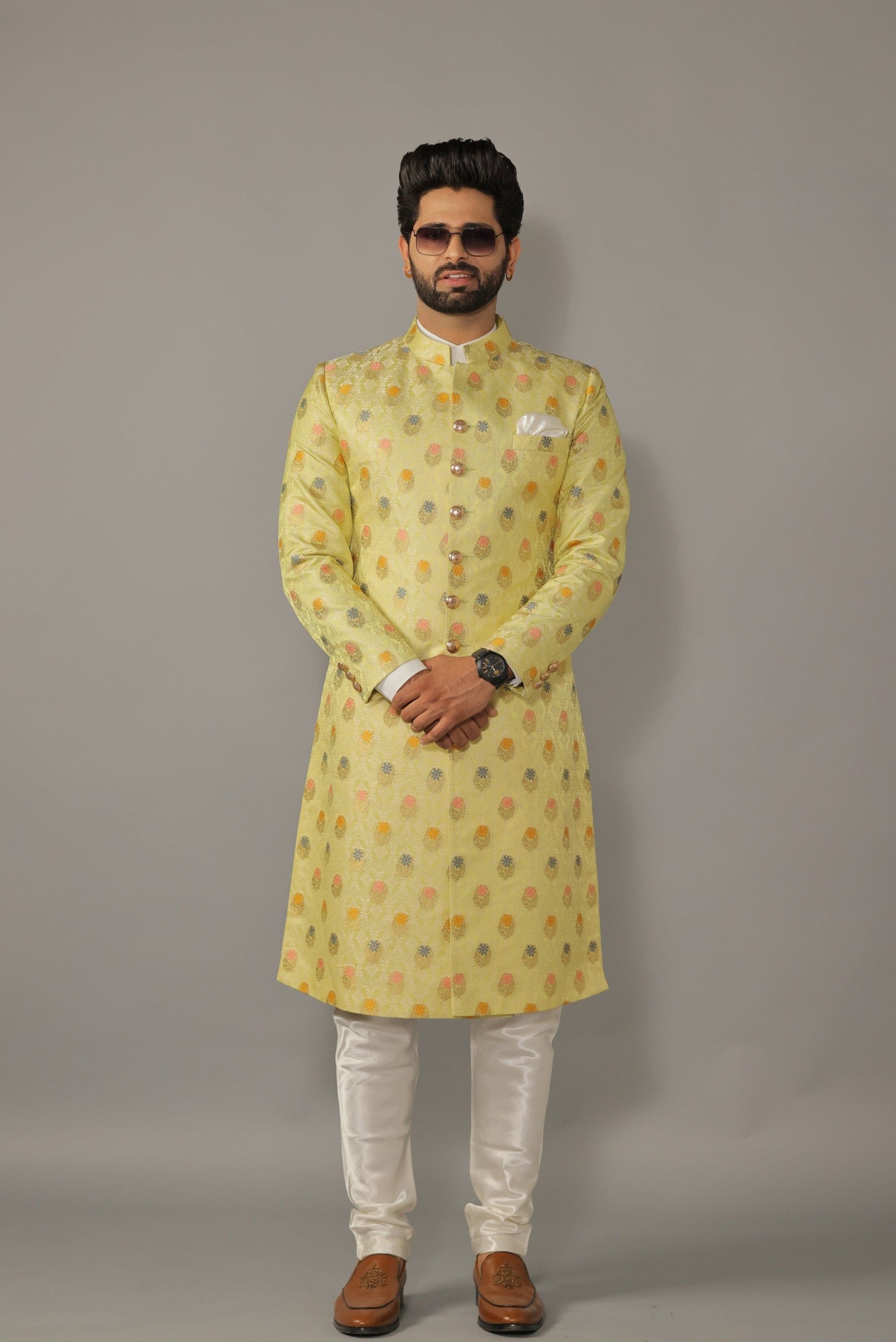 Floral Pattern Banarasi Kim-Khab Lime Green Sherwani Achkan