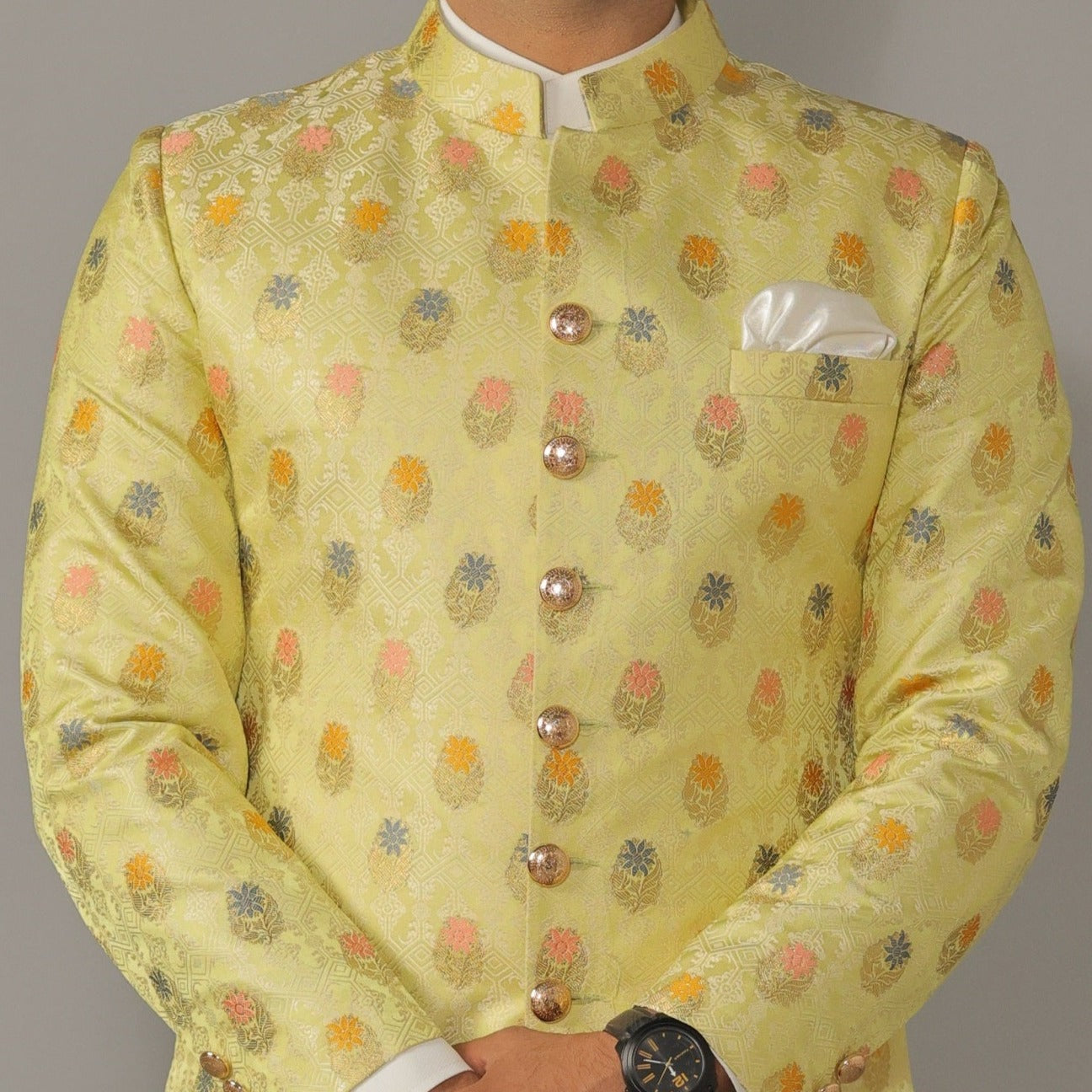 Floral Pattern Banarasi Kim-Khab Lime Green Sherwani Achkan