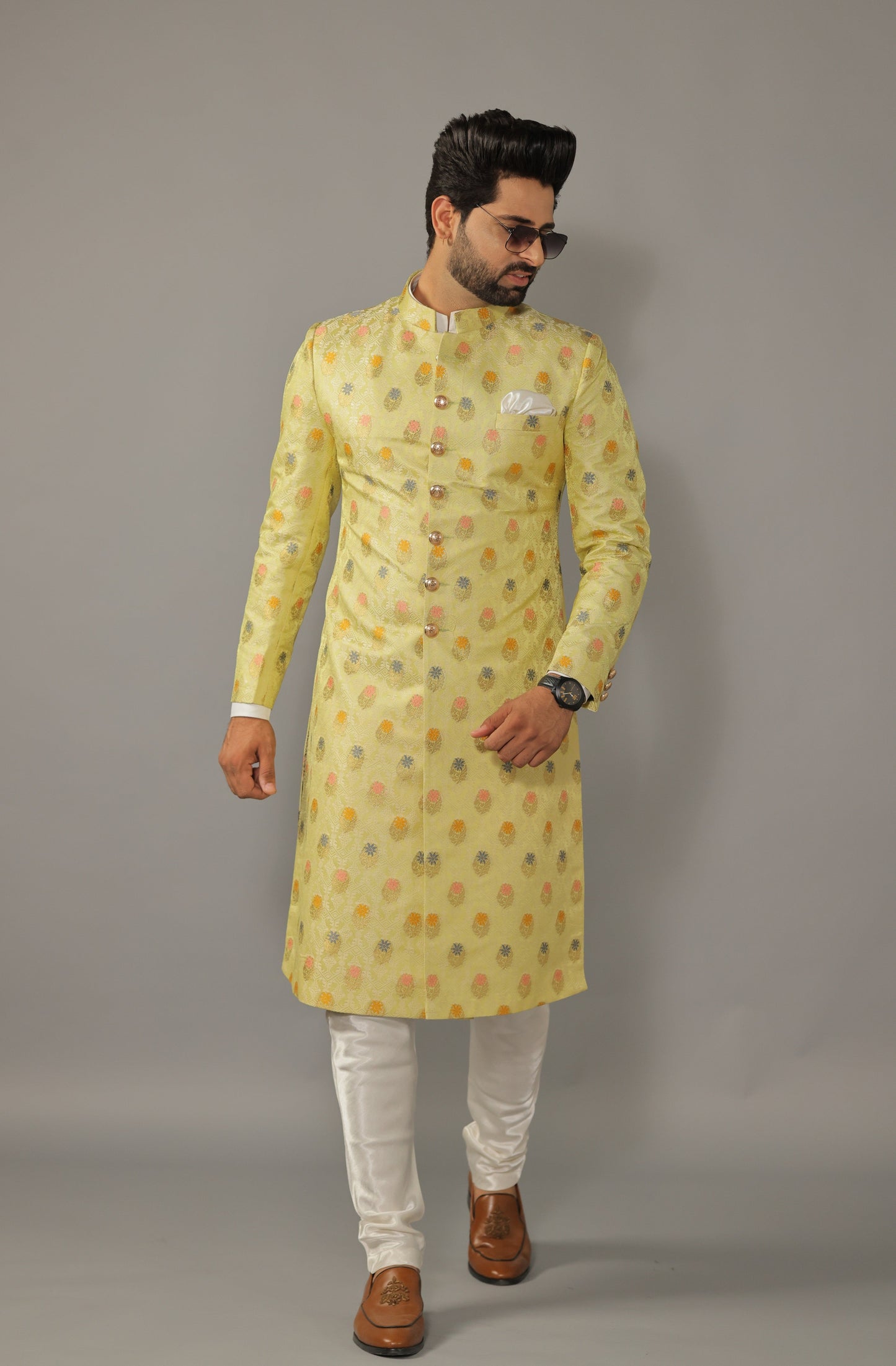 Floral Pattern Banarasi Kim-Khab Lime Green Sherwani Achkan