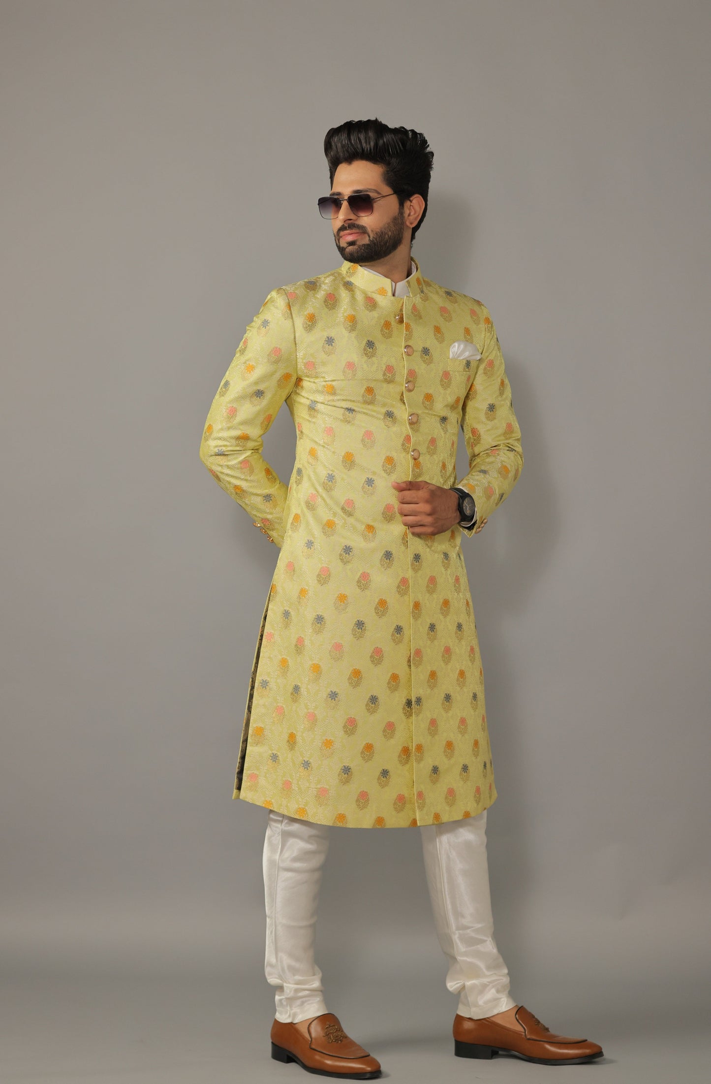 Floral Pattern Banarasi Kim-Khab Lime Green Sherwani Achkan