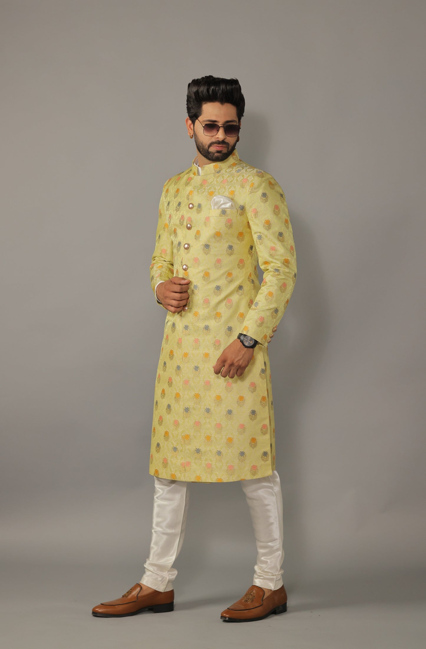 Floral Pattern Banarasi Kim-Khab Lime Green Sherwani Achkan
