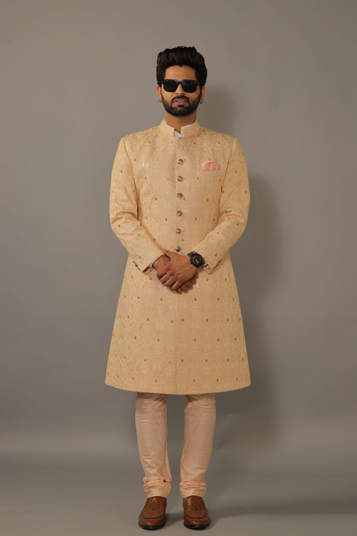 Lucknowi Embroidered Peach Color Achkan with Churidar