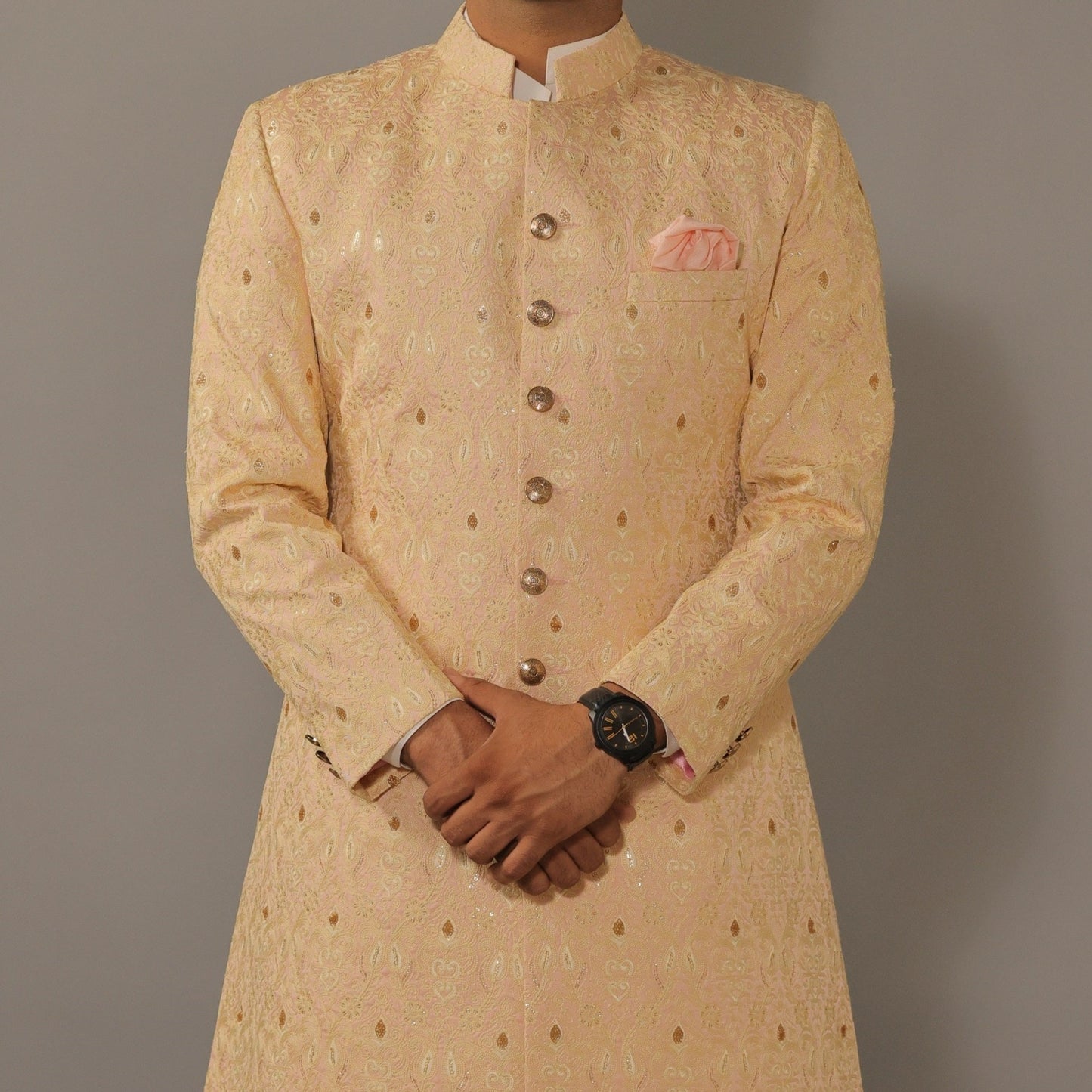 Lucknowi Embroidered Peach Color Achkan with Churidar