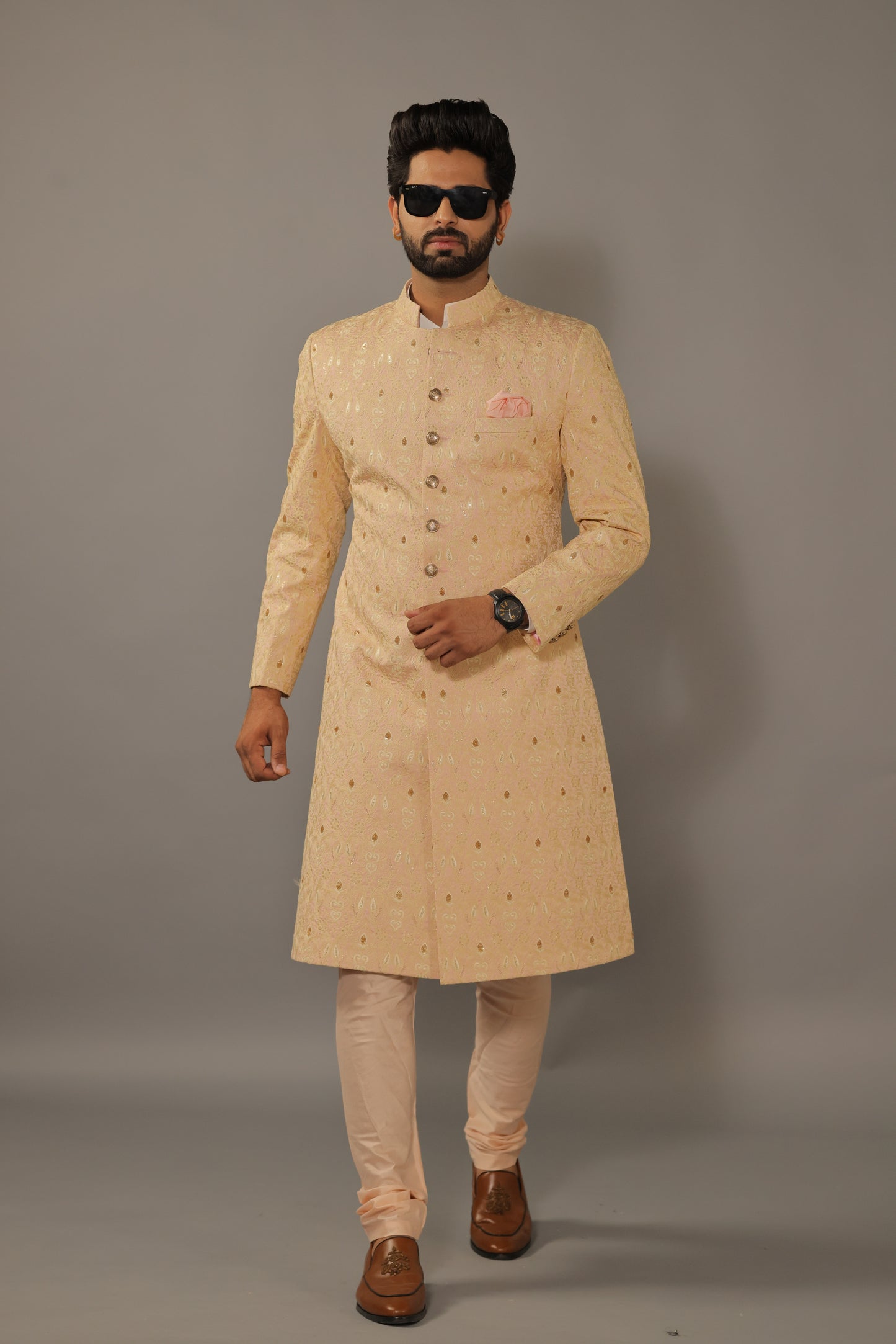Lucknowi Embroidered Peach Color Achkan with Churidar