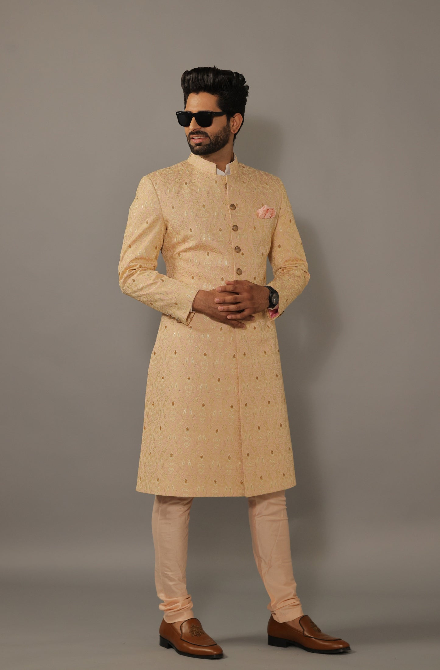 Lucknowi Embroidered Peach Color Achkan with Churidar