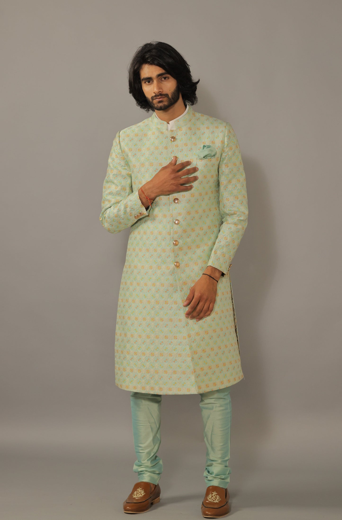 Stunning Mint Green Floral Pattern Sherwani Achkan for Men
