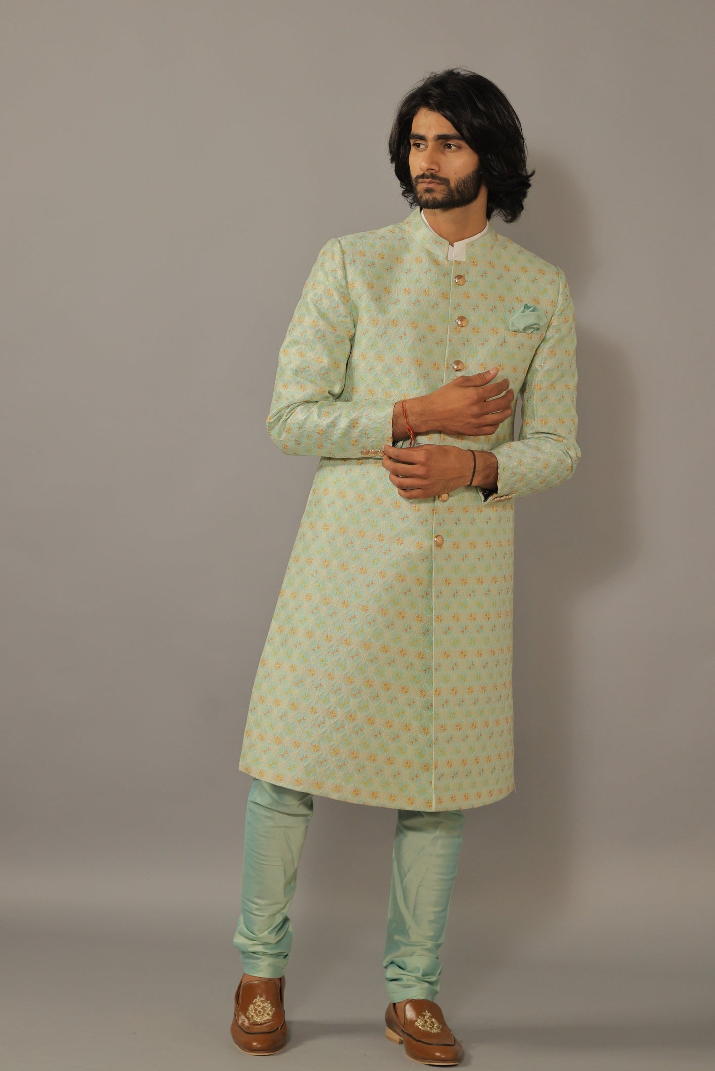Stunning Mint Green Floral Pattern Sherwani Achkan for Men