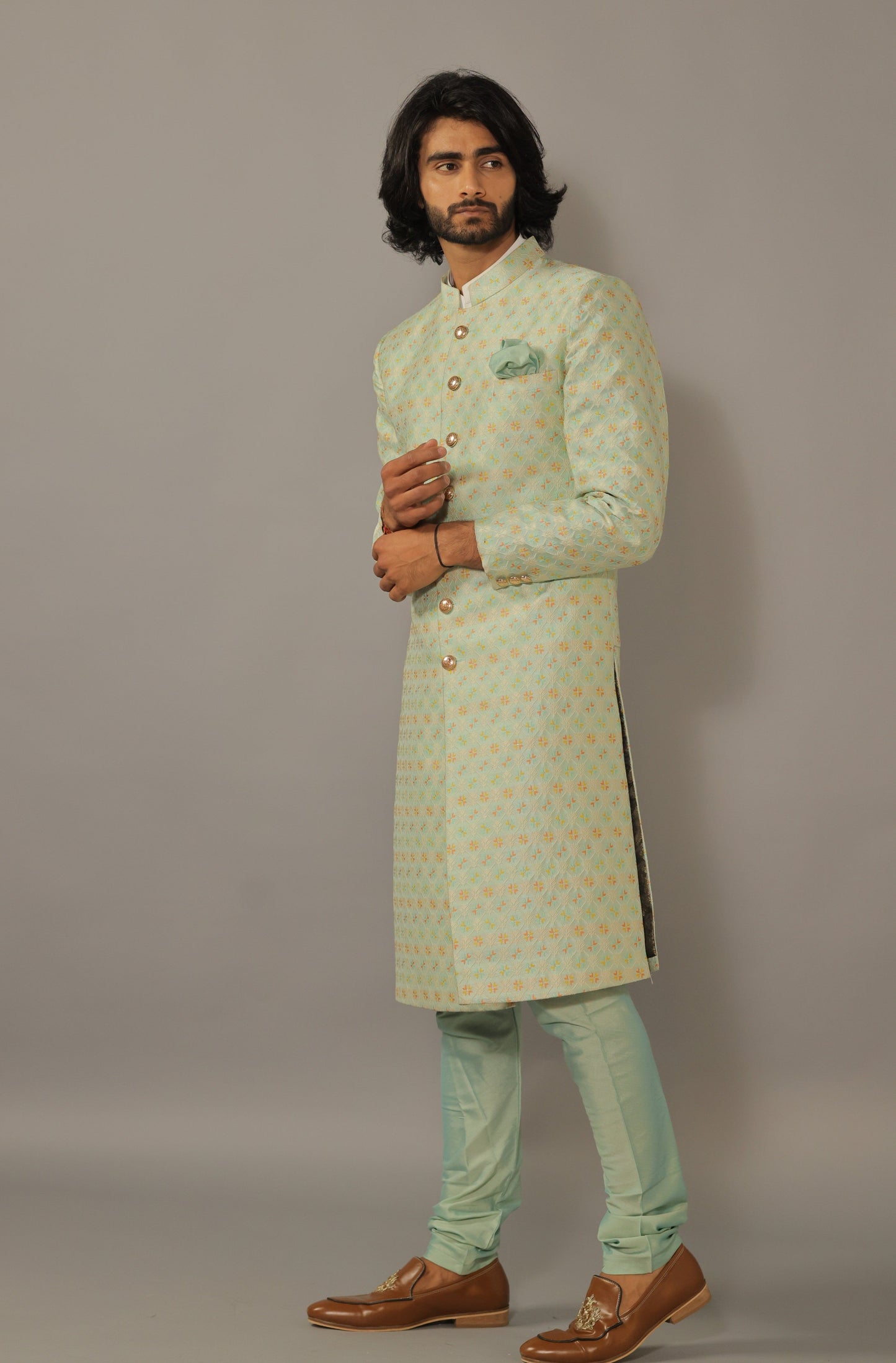 Stunning Mint Green Floral Pattern Sherwani Achkan for Men