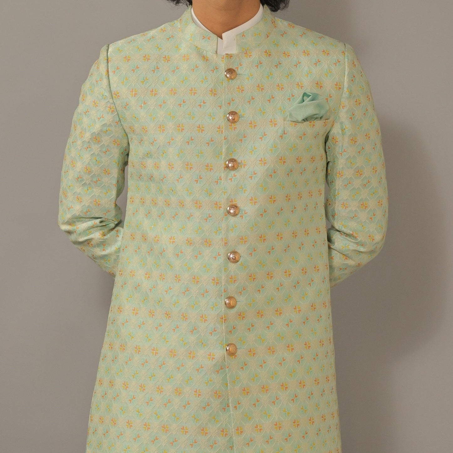 Stunning Mint Green Floral Pattern Sherwani Achkan for Men