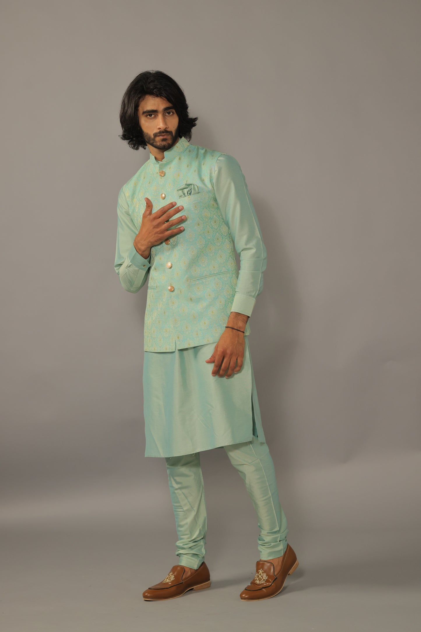 Regal Turquoise Green Banarasi Brocade Nehru Jacket with Silk Kurta Pajama Set