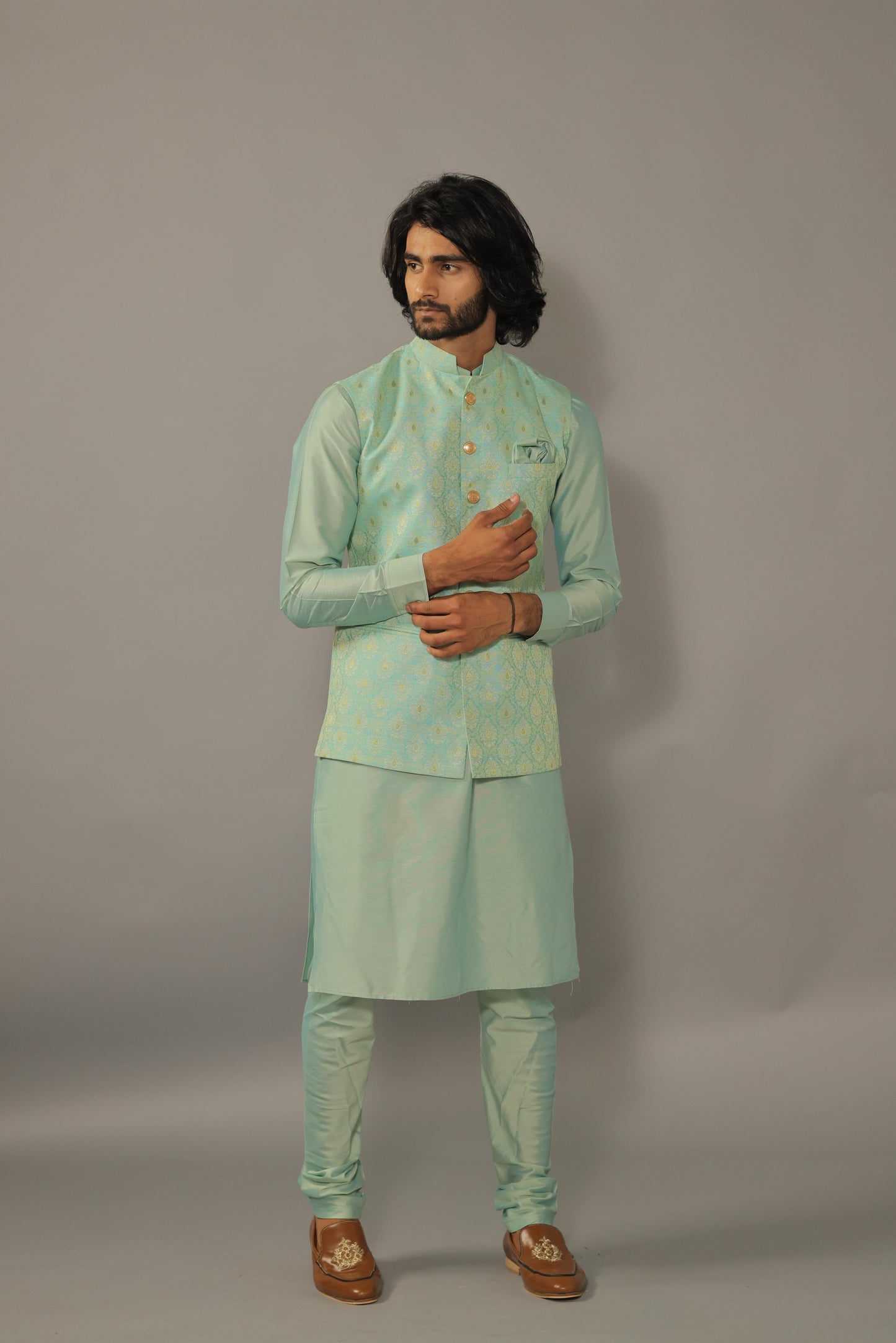 Regal Turquoise Green Banarasi Brocade Nehru Jacket with Silk Kurta Pajama Set