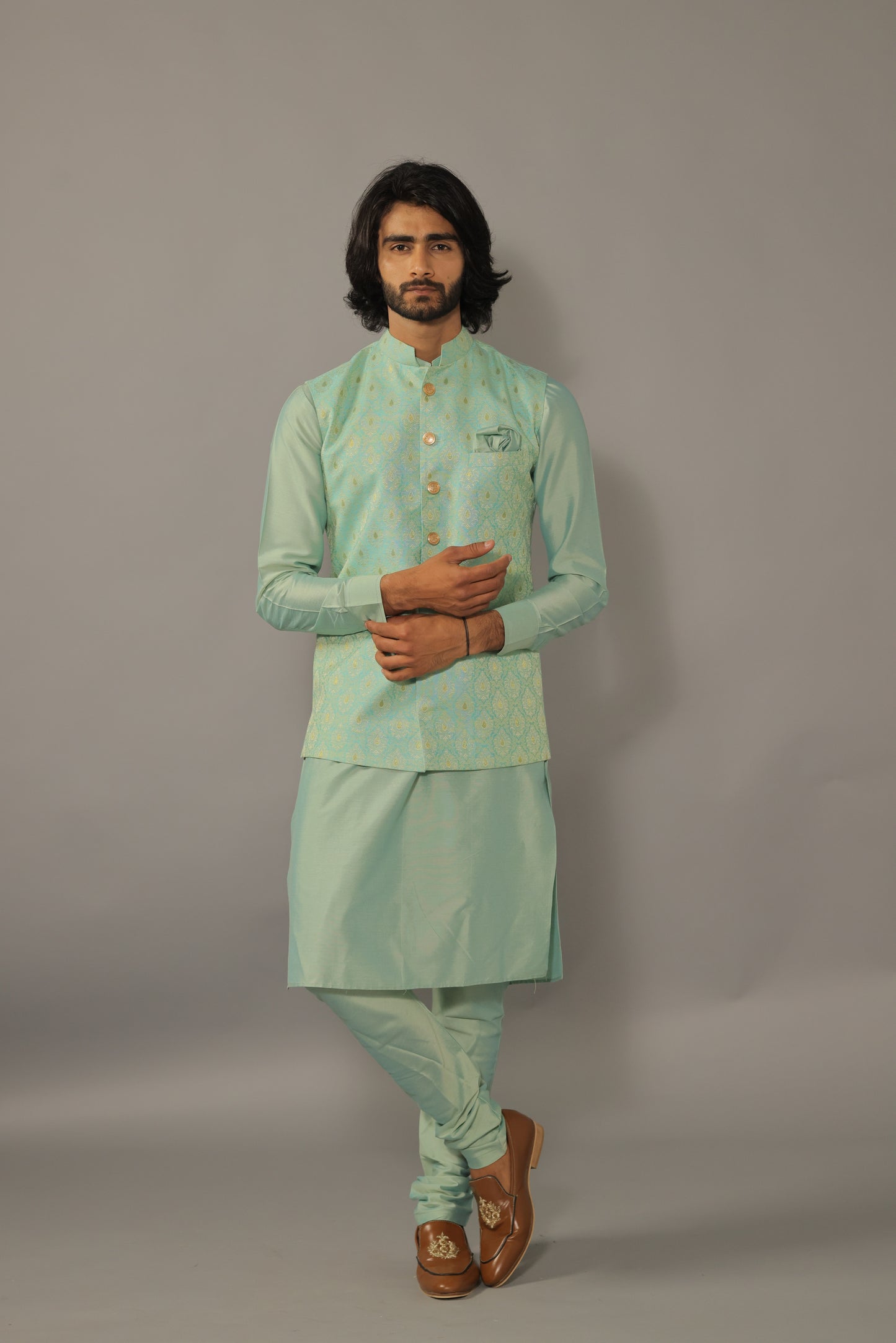 Regal Turquoise Green Banarasi Brocade Nehru Jacket with Silk Kurta Pajama Set