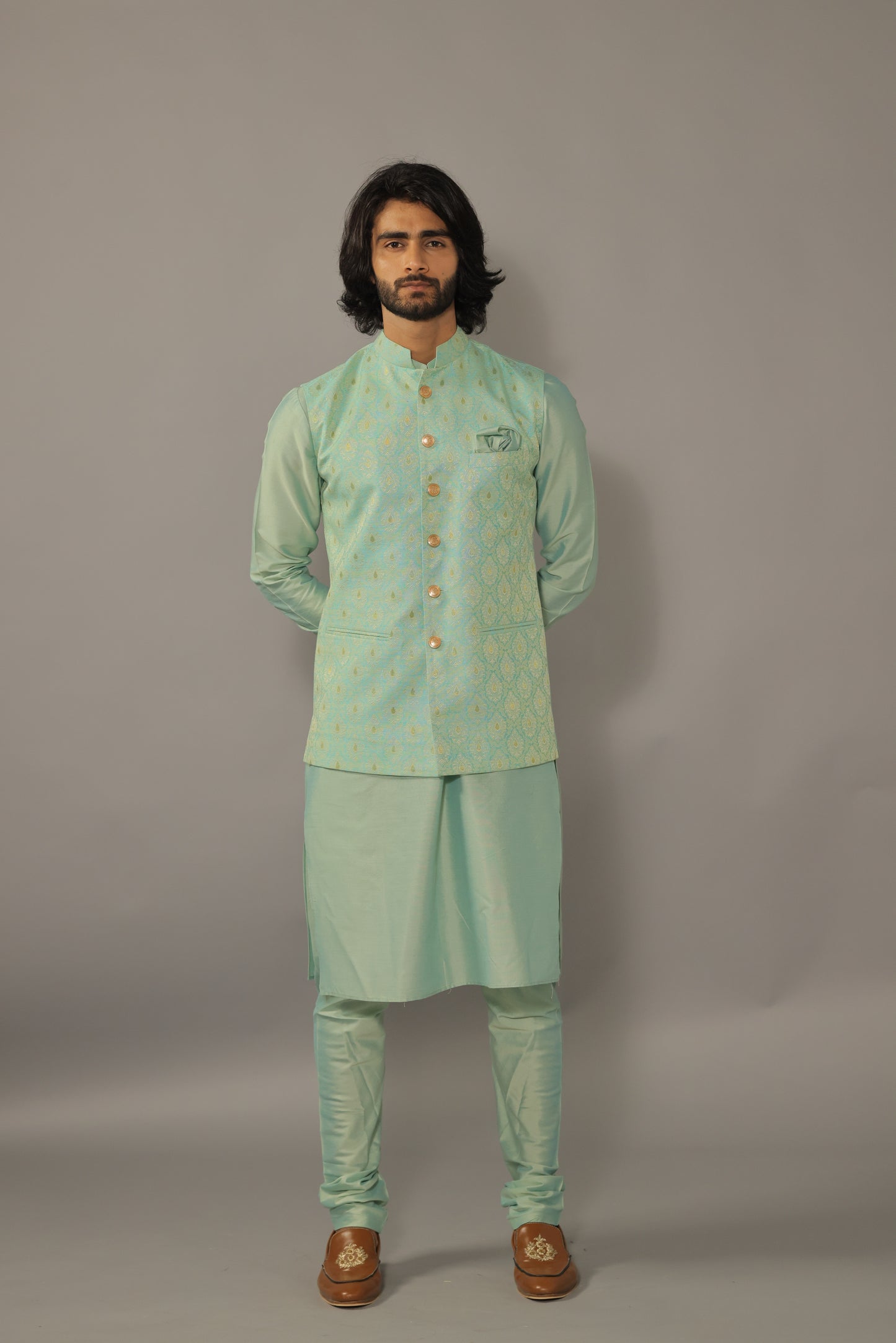 Regal Turquoise Green Banarasi Brocade Nehru Jacket with Silk Kurta Pajama Set