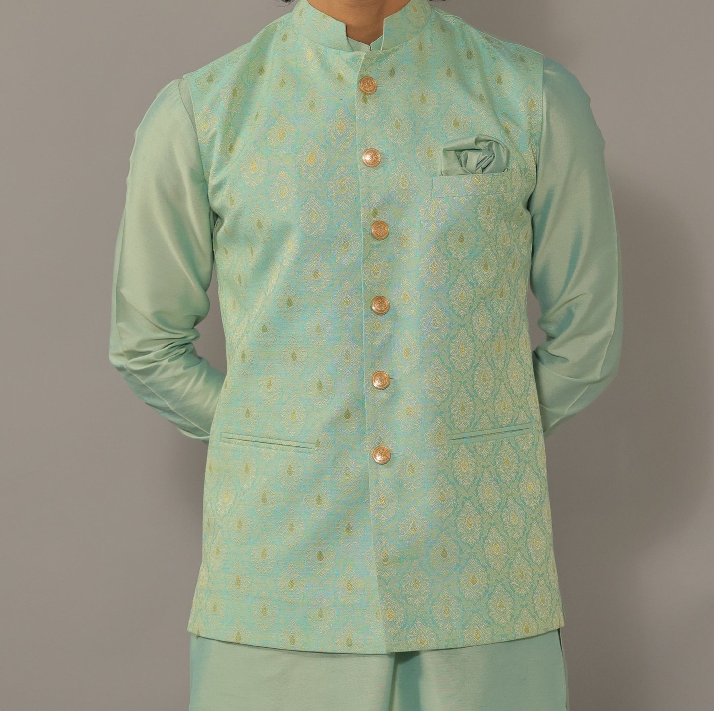 Regal Turquoise Green Banarasi Brocade Nehru Jacket with Silk Kurta Pajama Set