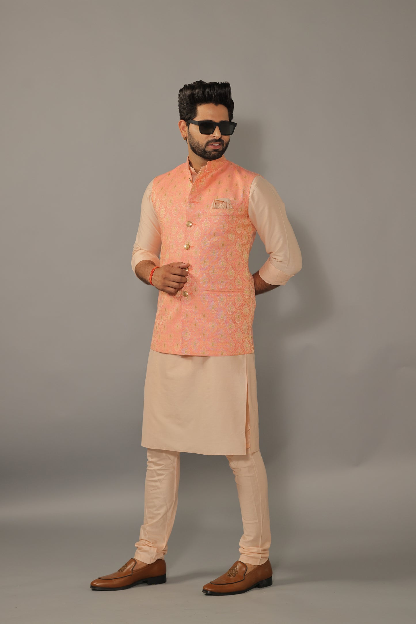 Peach Kurta Pajama Set With Amber Peach Banarasi Nehru Jacket