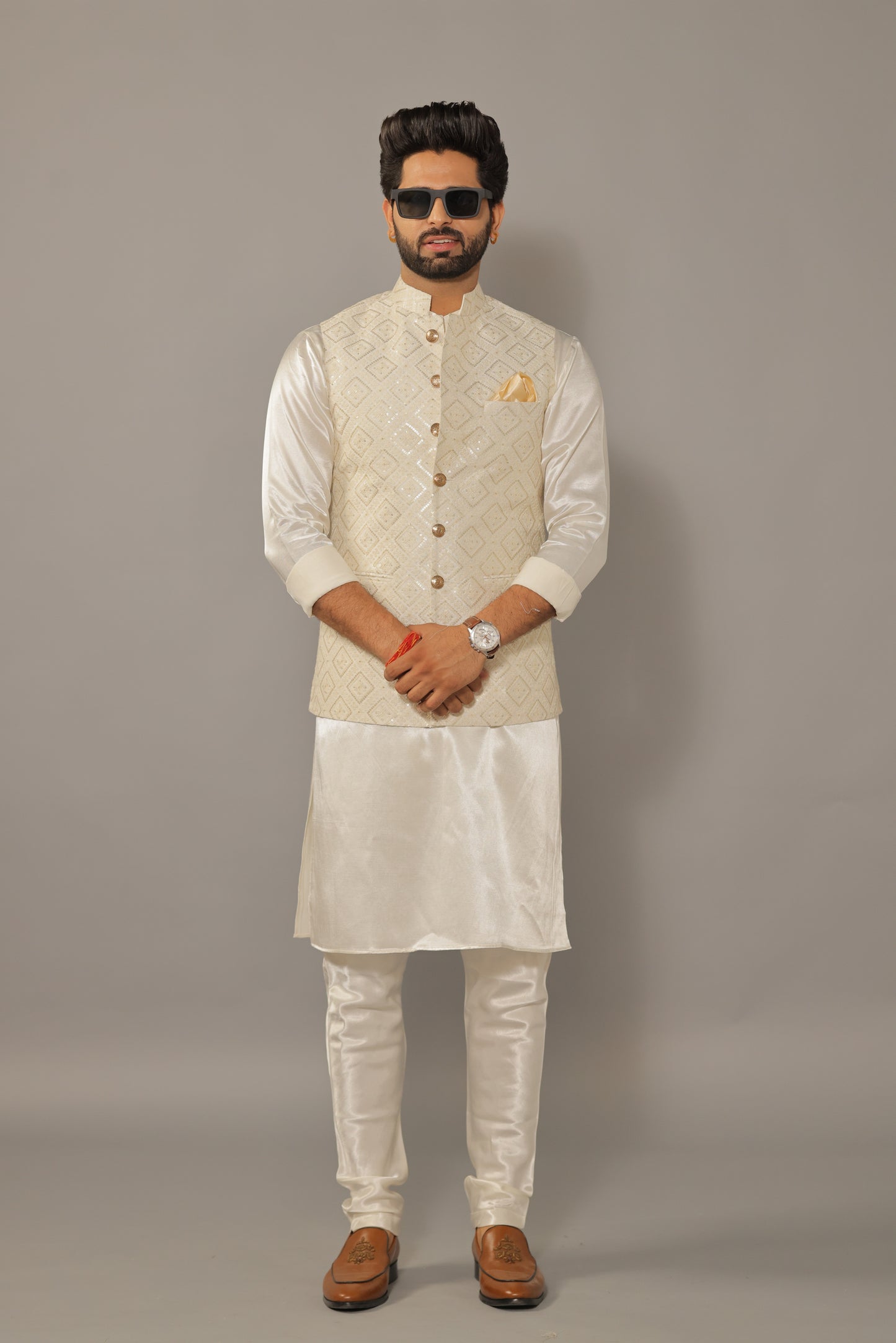 Off-White Kurta Pajama Set with Luckhnawi Embroidery White Color Nehru Jacket - Handcrafted