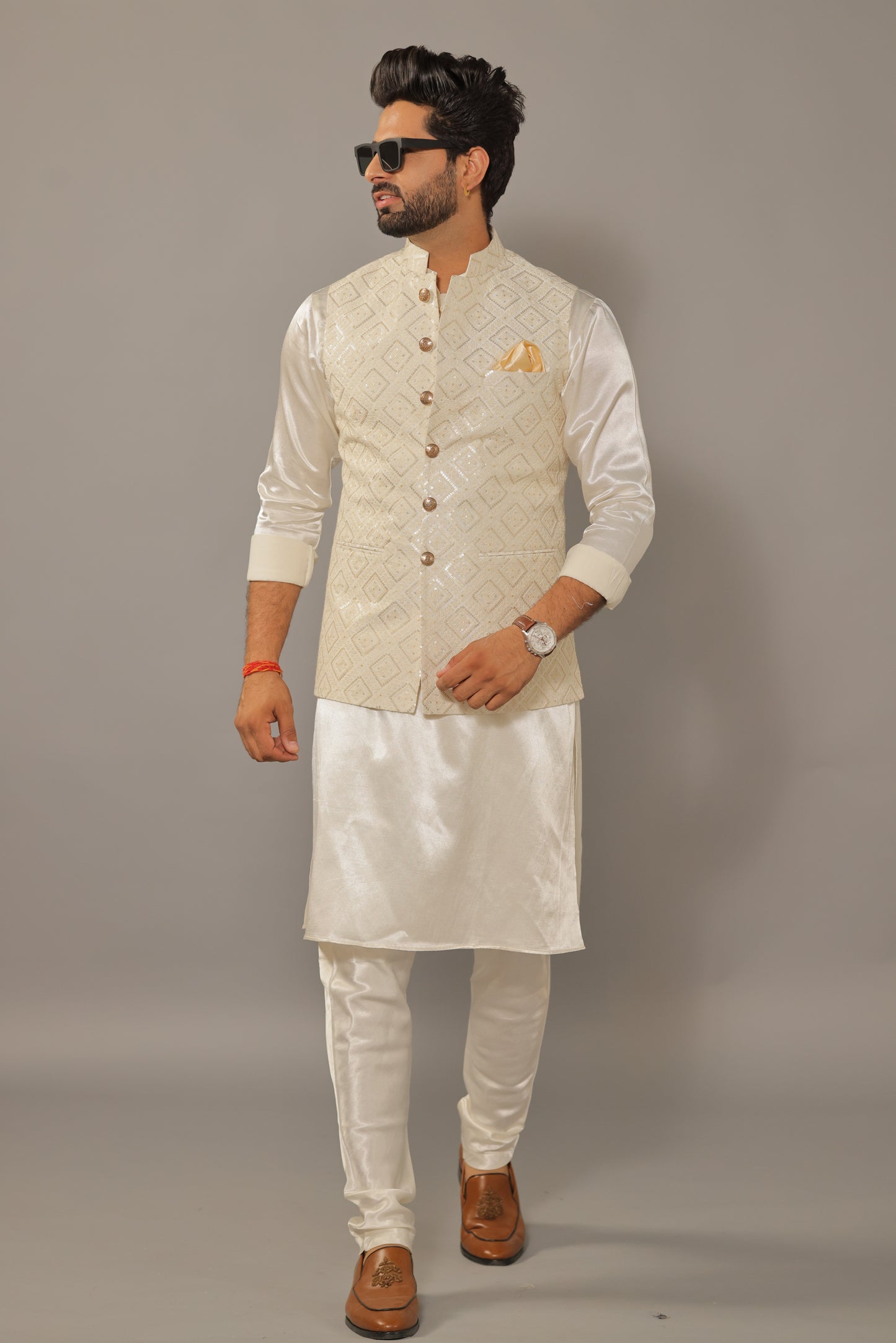 Off-White Kurta Pajama Set with Luckhnawi Embroidery White Color Nehru Jacket - Handcrafted