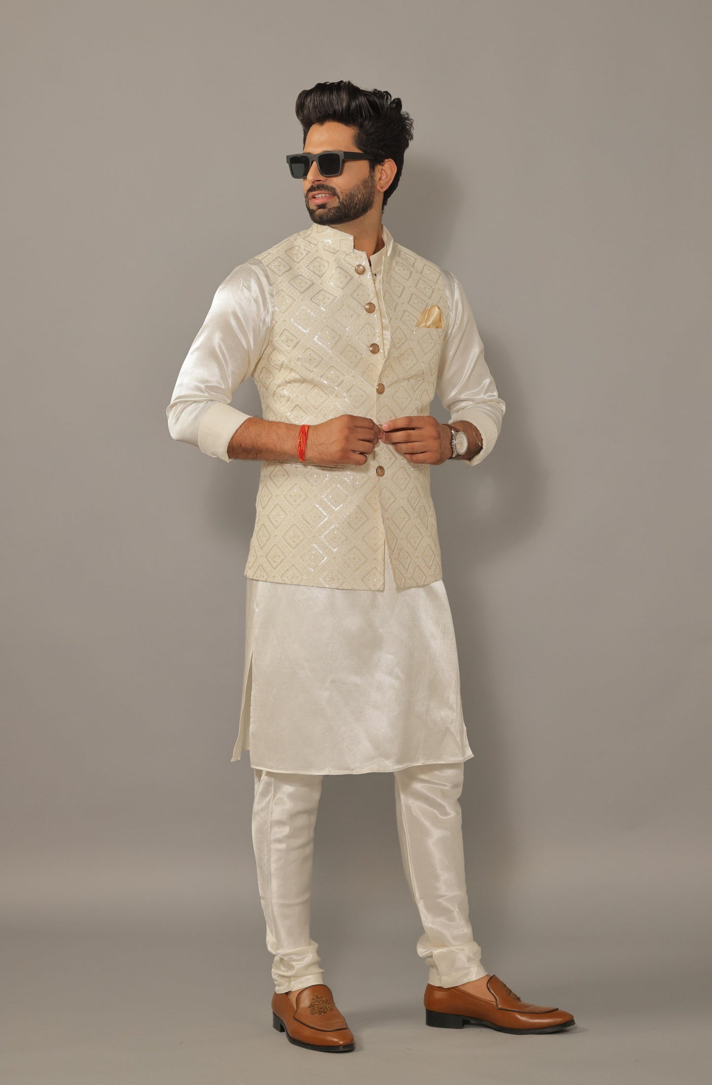 Off-White Kurta Pajama Set with Luckhnawi Embroidery White Color Nehru Jacket - Handcrafted