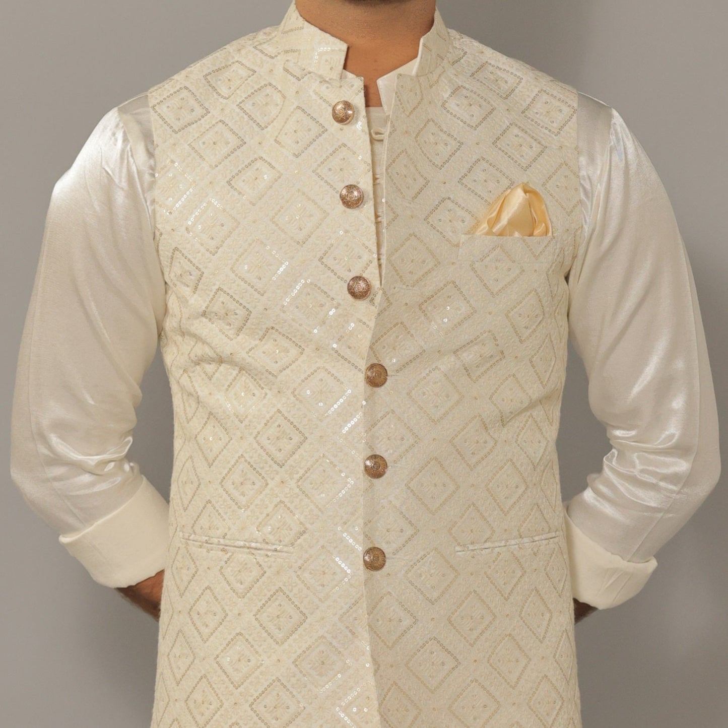 Off-White Kurta Pajama Set with Luckhnawi Embroidery White Color Nehru Jacket - Handcrafted