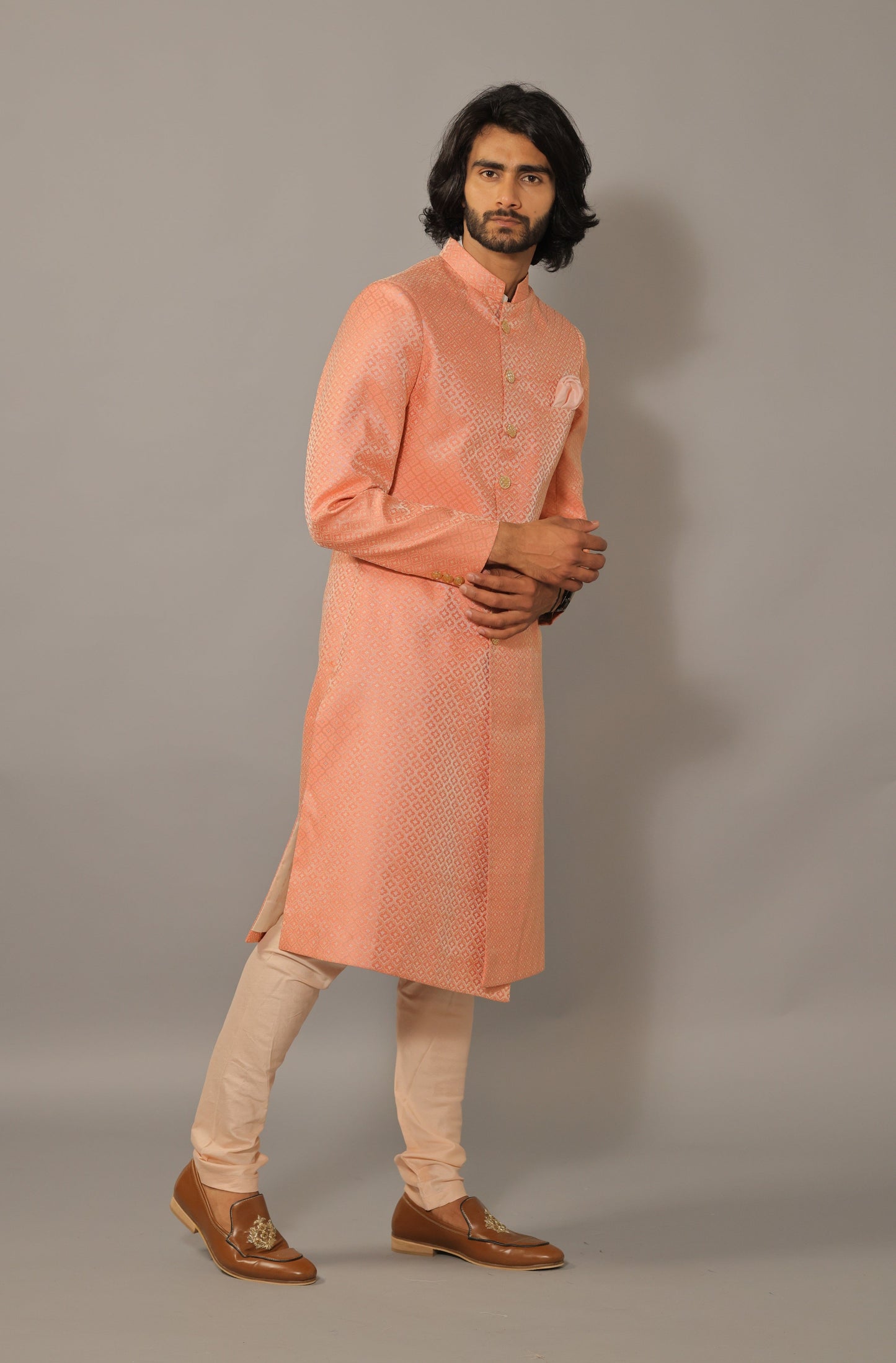Handcrafted Brocade Achkan for Men | Morrocan Pattern Self Embroidered | Father Son Combo | Pink Color | Perfect for Groom Wear