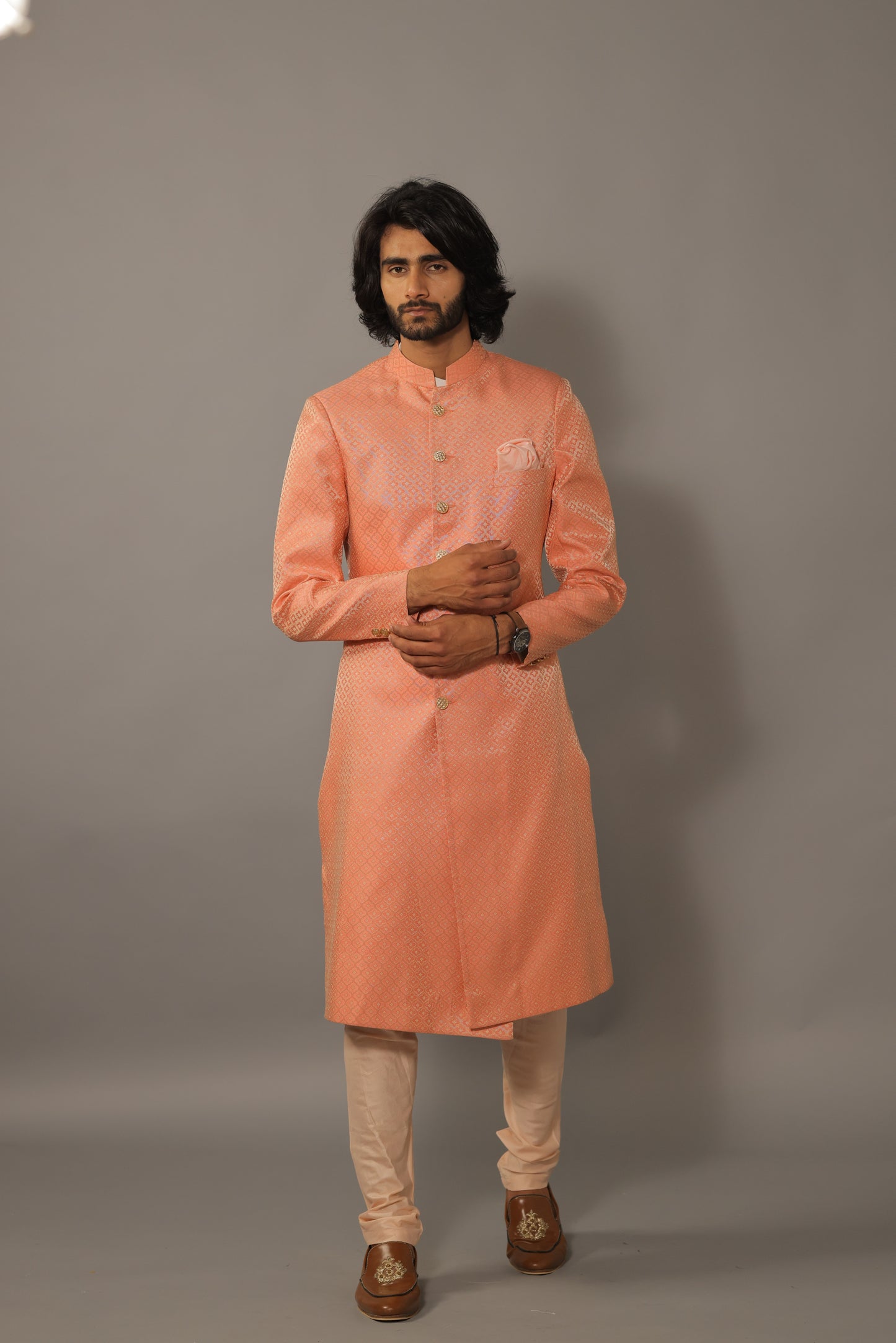 Handcrafted Brocade Achkan for Men | Morrocan Pattern Self Embroidered | Father Son Combo | Pink Color | Perfect for Groom Wear