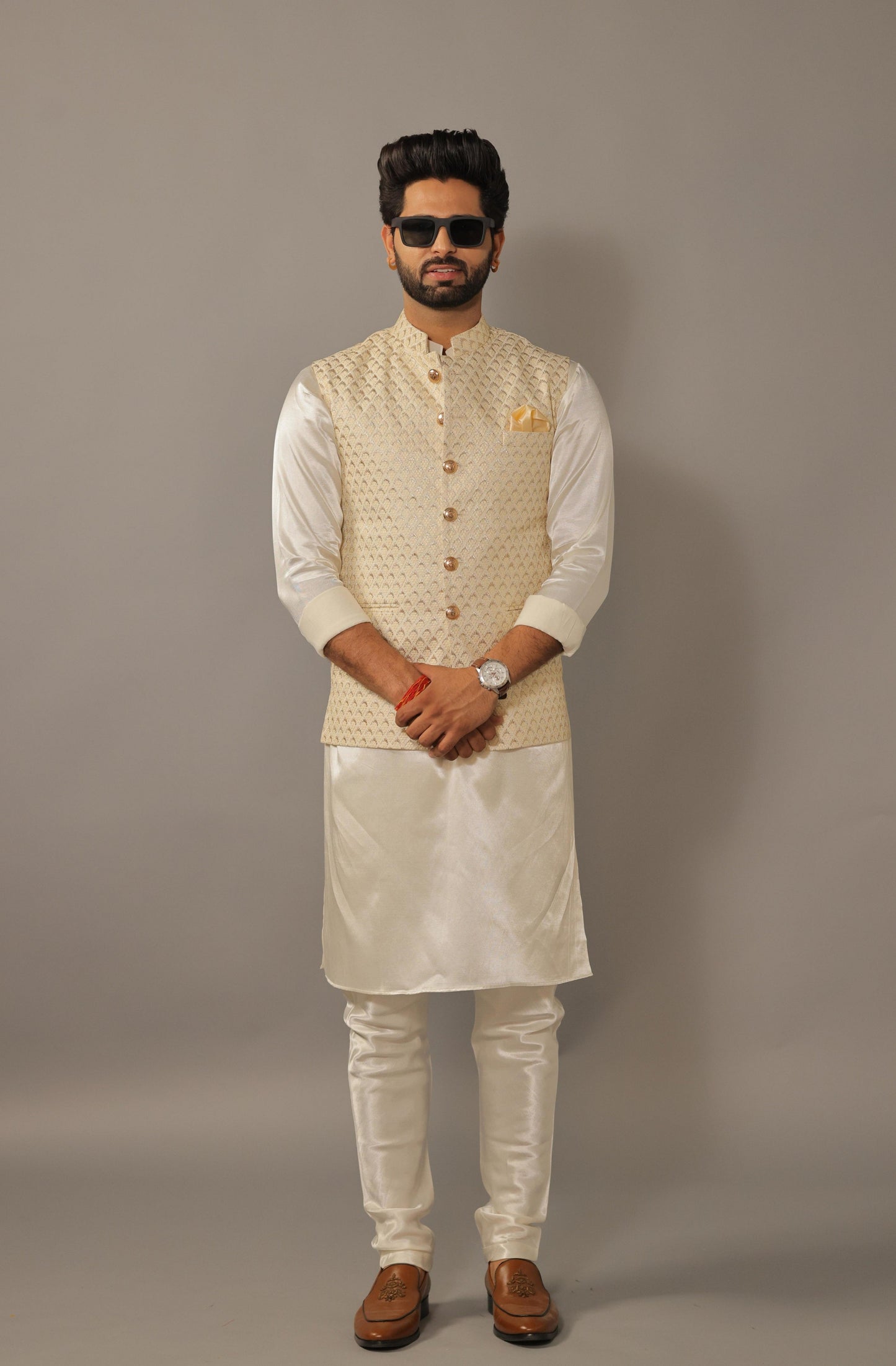 Off White Kurta Payjama Set With Diamond Printed embroidery Jacket -Handcrafted