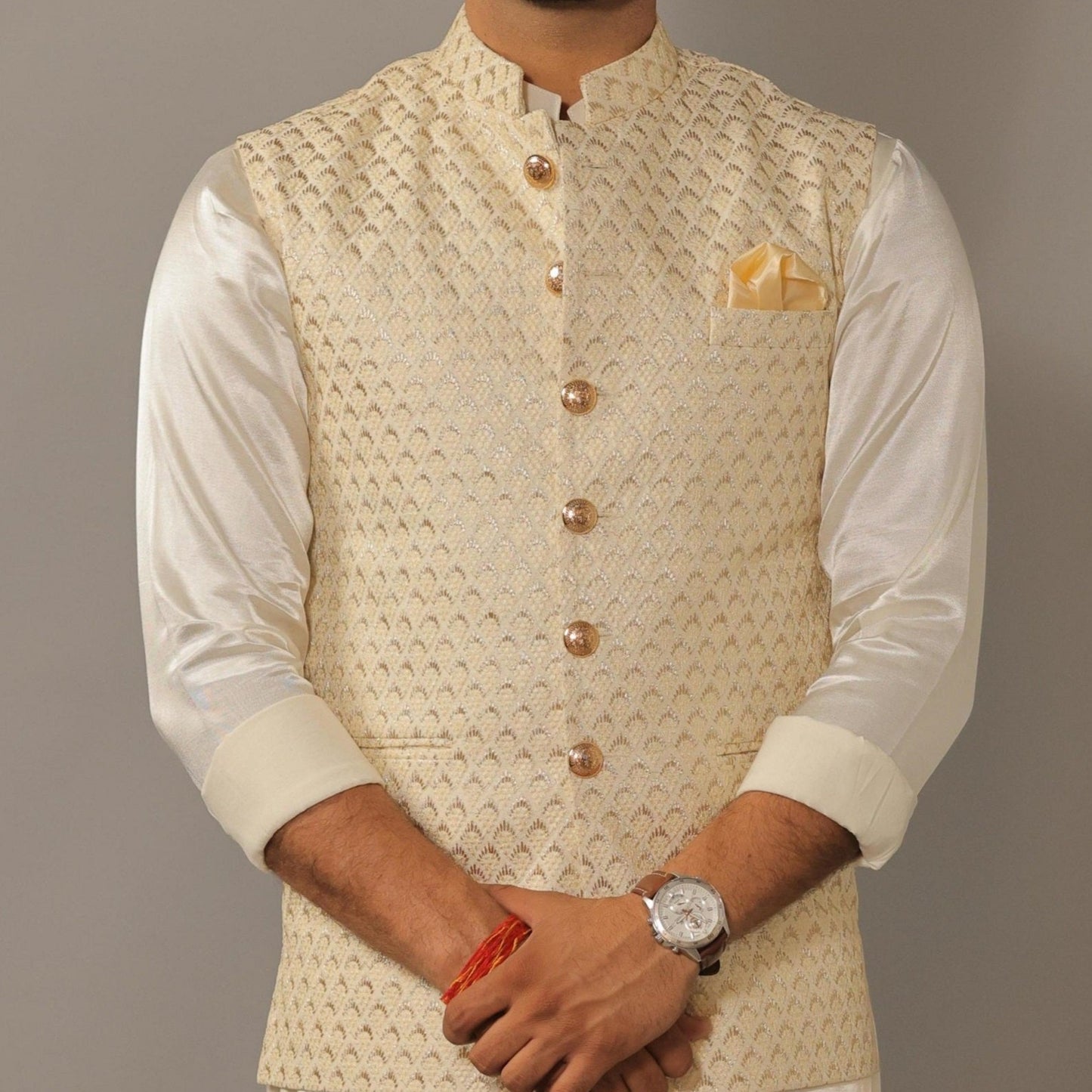 Off White Kurta Payjama Set With Diamond Printed embroidery Jacket -Handcrafted