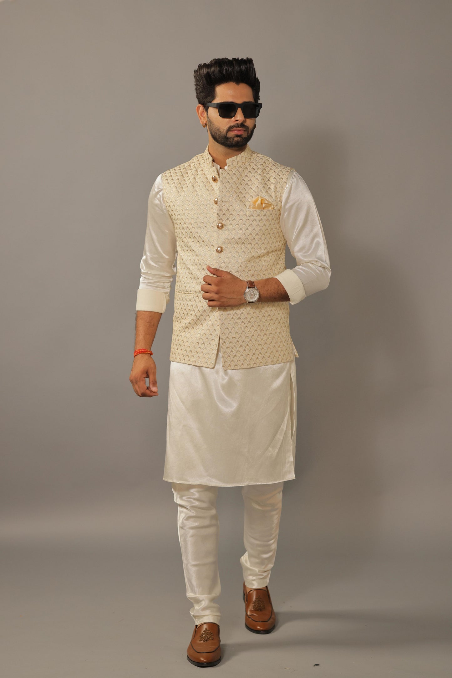 Off White Kurta Payjama Set With Diamond Printed embroidery Jacket -Handcrafted