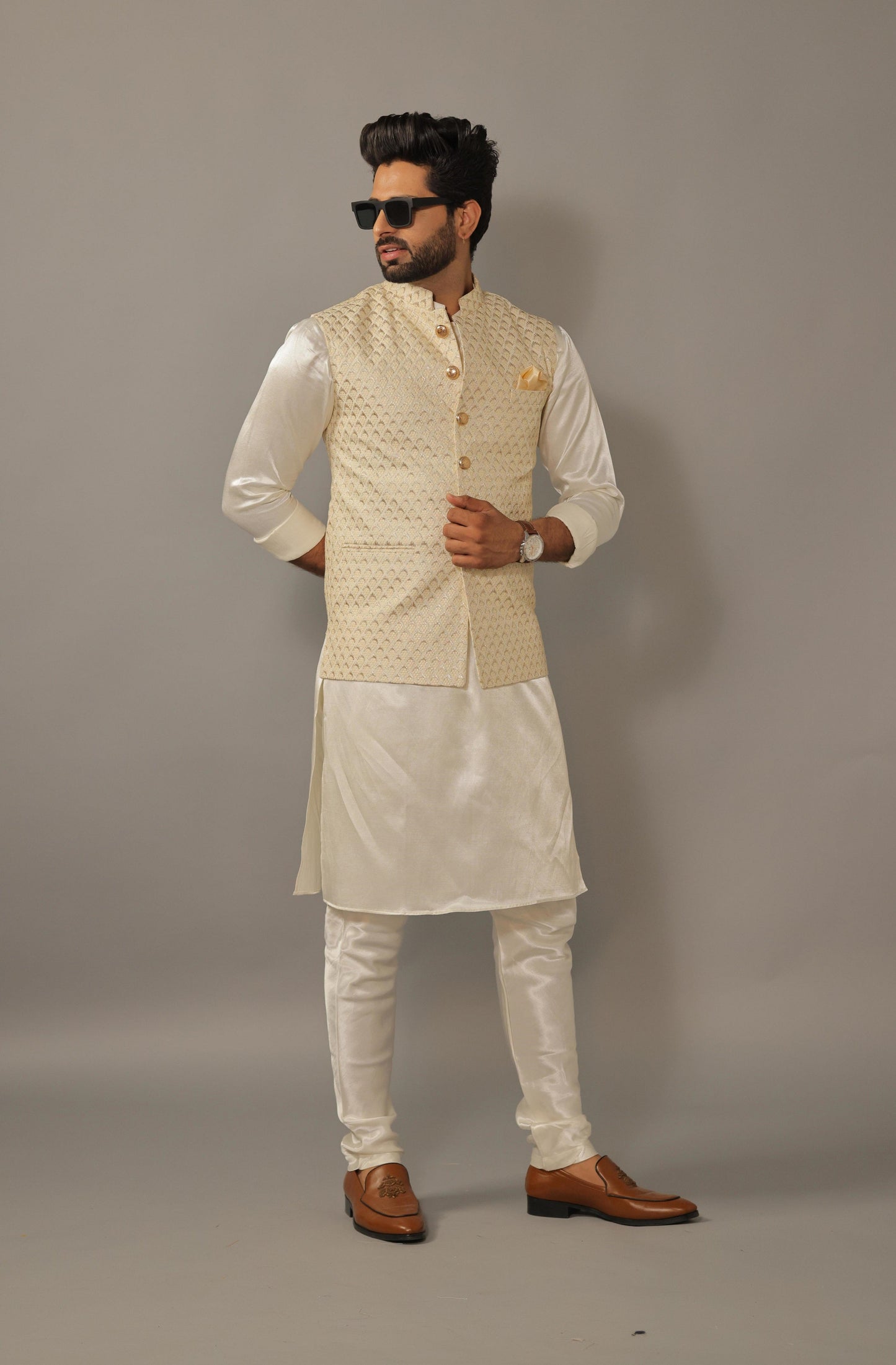 Off White Kurta Payjama Set With Diamond Printed embroidery Jacket -Handcrafted