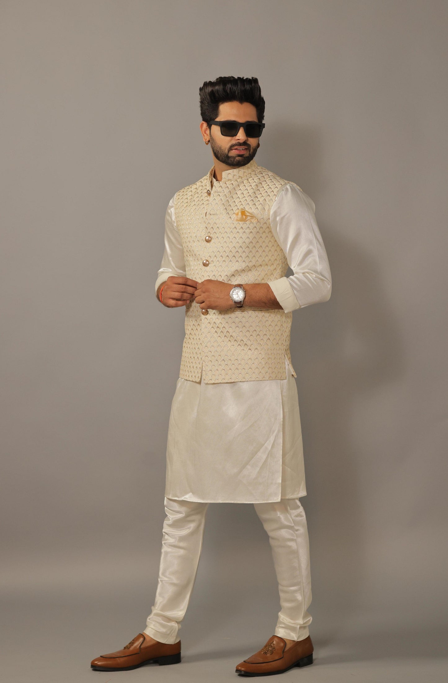 Off White Kurta Payjama Set With Diamond Printed embroidery Jacket -Handcrafted