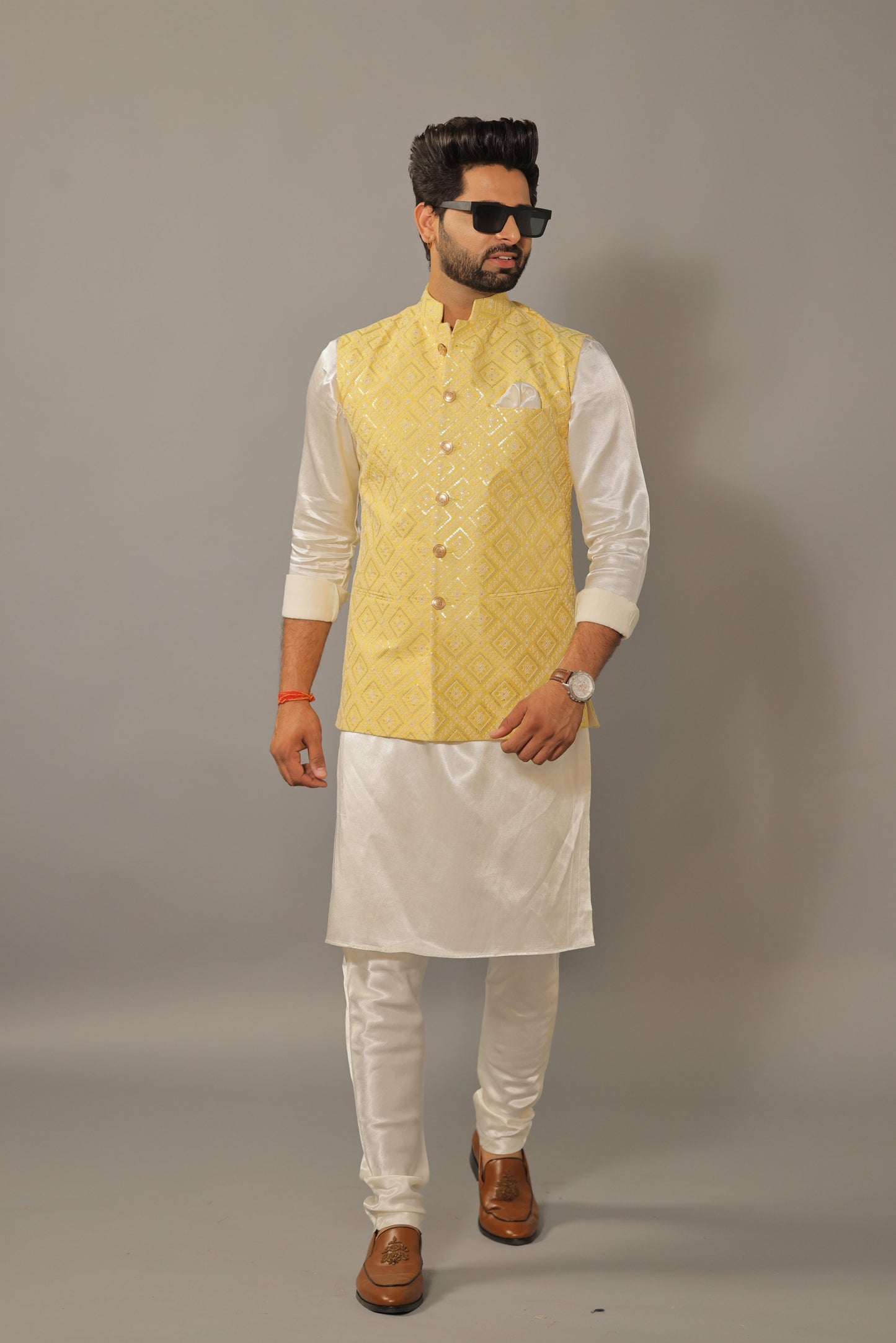 Off-White Kurta Pajama Set with Luckhnawi Embroidery Yellow Color Nehru Jacket