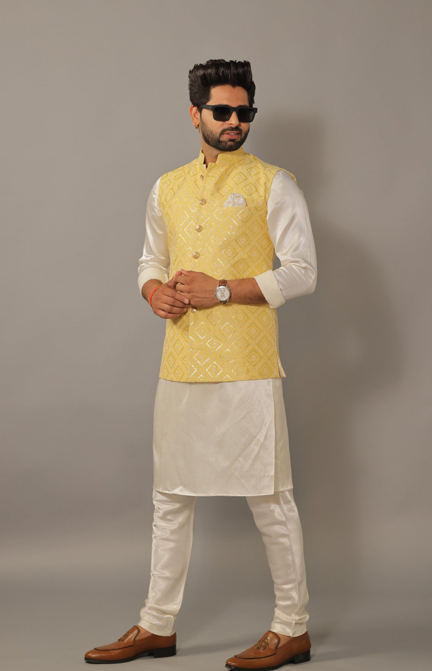 Off-White Kurta Pajama Set with Luckhnawi Embroidery Yellow Color Nehru Jacket