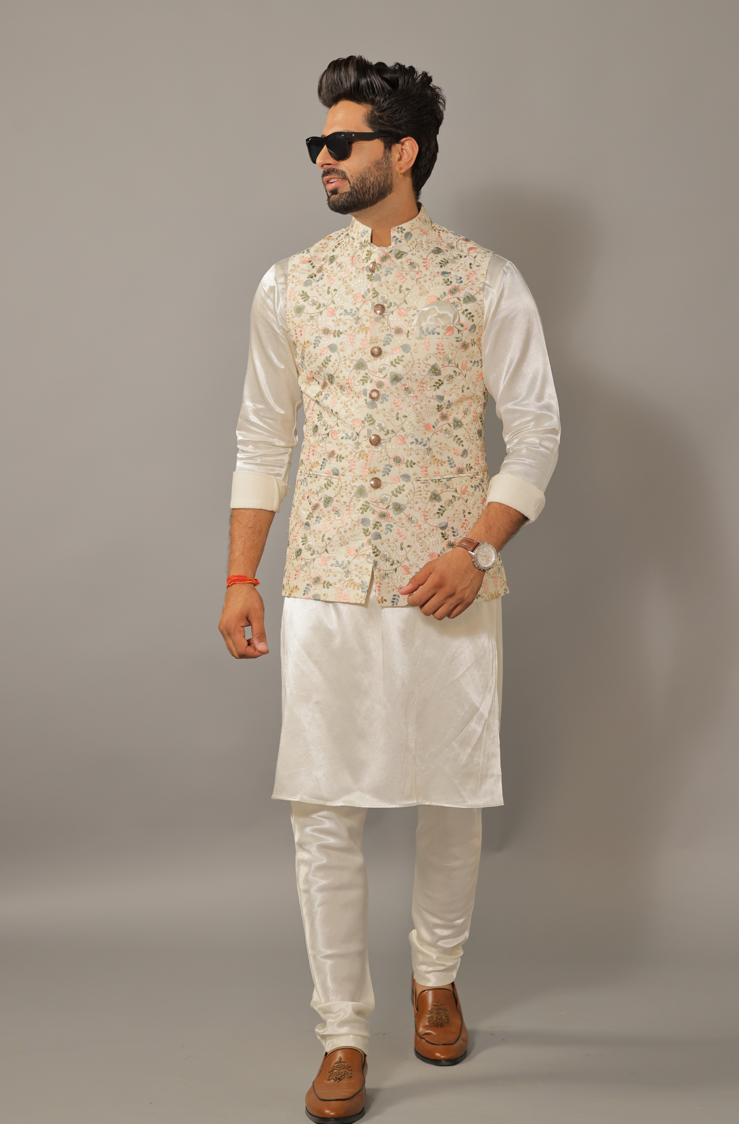 Alluring Multi Color Hand Embroidered Nehru Jacket with Off White Kurta pajama Set