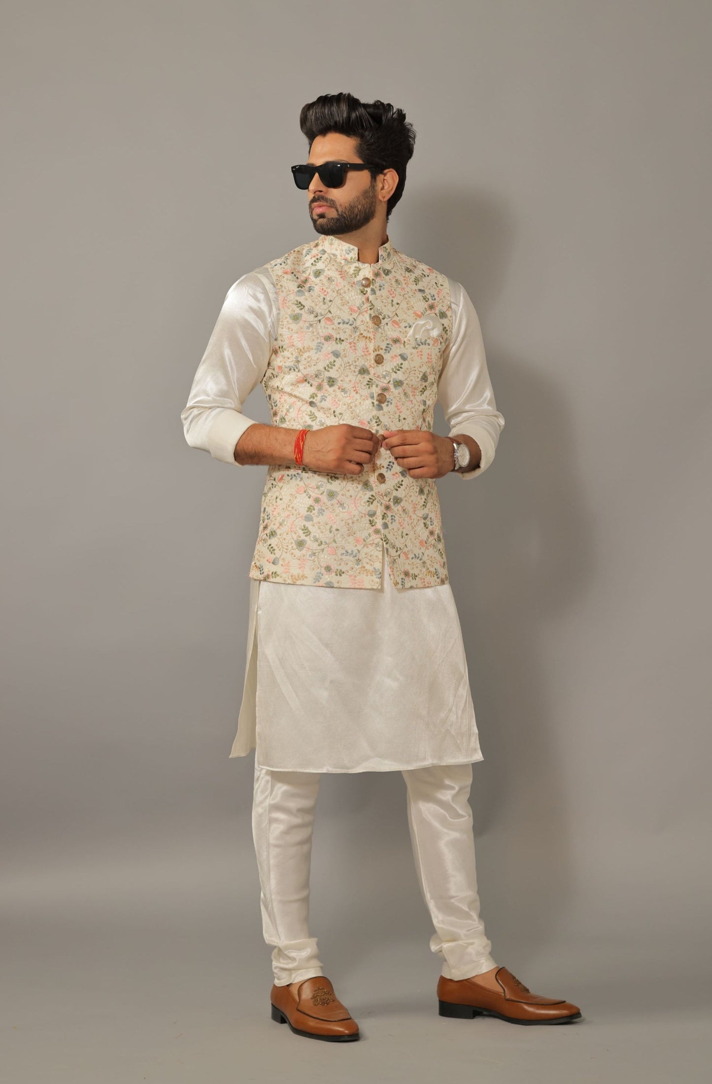 Alluring Multi Color Hand Embroidered Nehru Jacket with Off White Kurta pajama Set