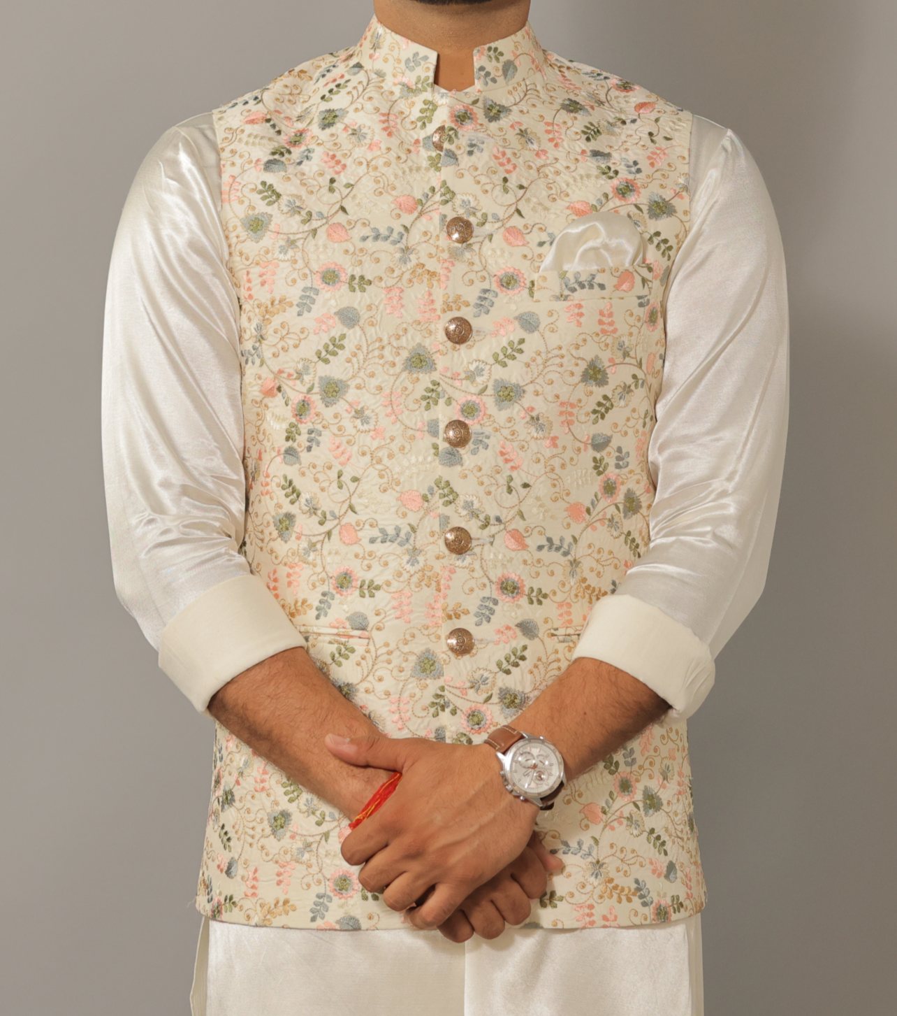 Alluring Multi Color Hand Embroidered Nehru Jacket with Off White Kurta pajama Set