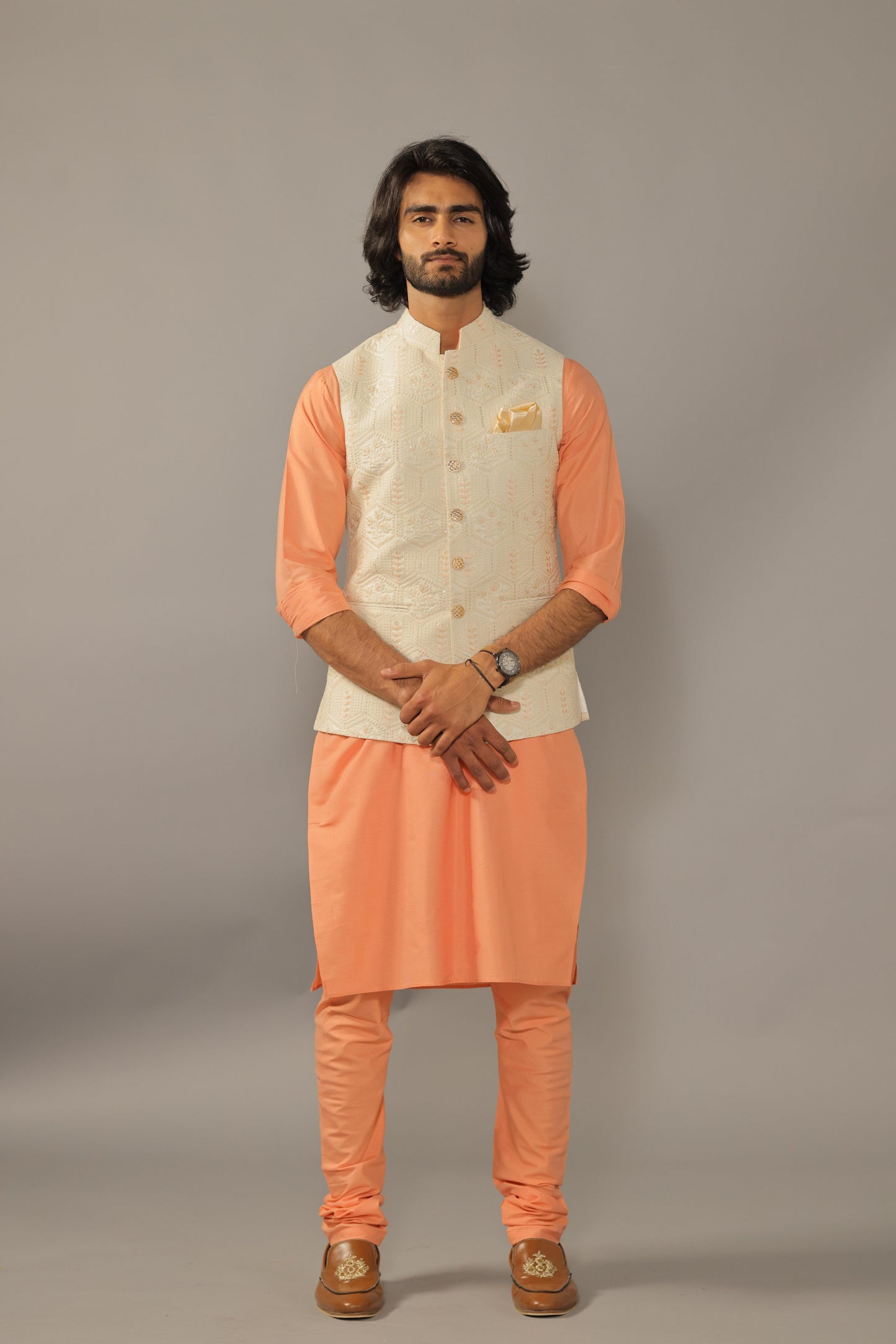 Geometrical Pattern Embroidery Nehru Jacket with Melon Orange Kurta Pajama Set -Handcrafted