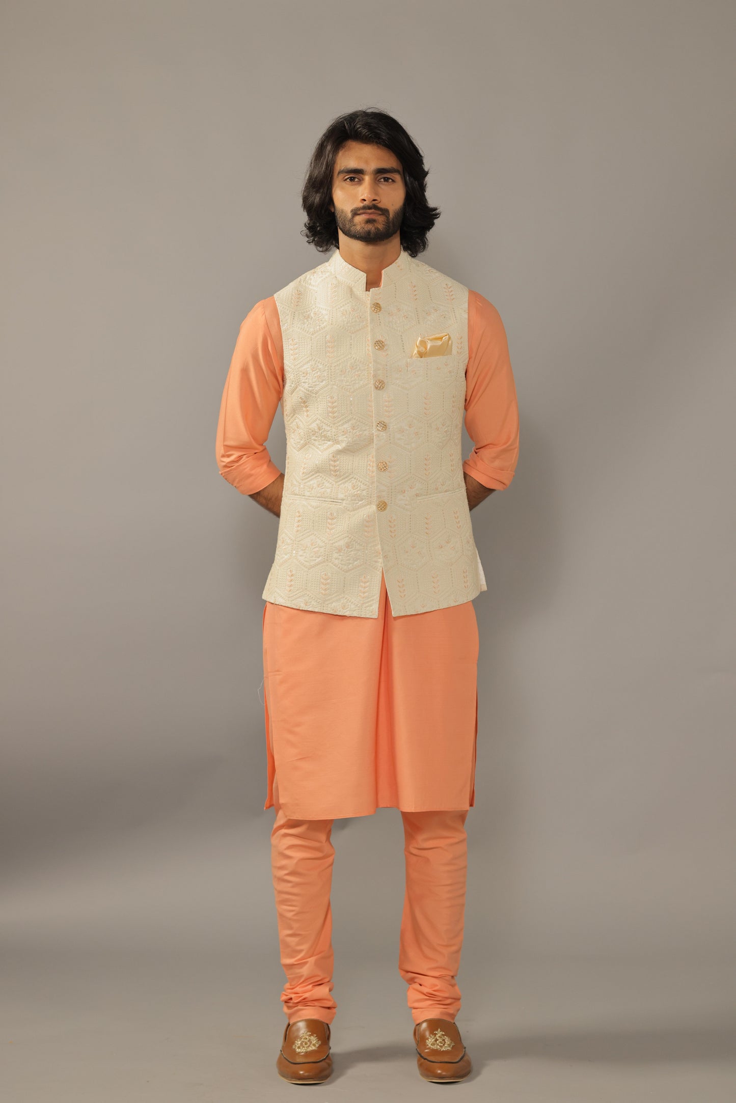 Geometrical Pattern Embroidery Nehru Jacket with Melon Orange Kurta Pajama Set -Handcrafted