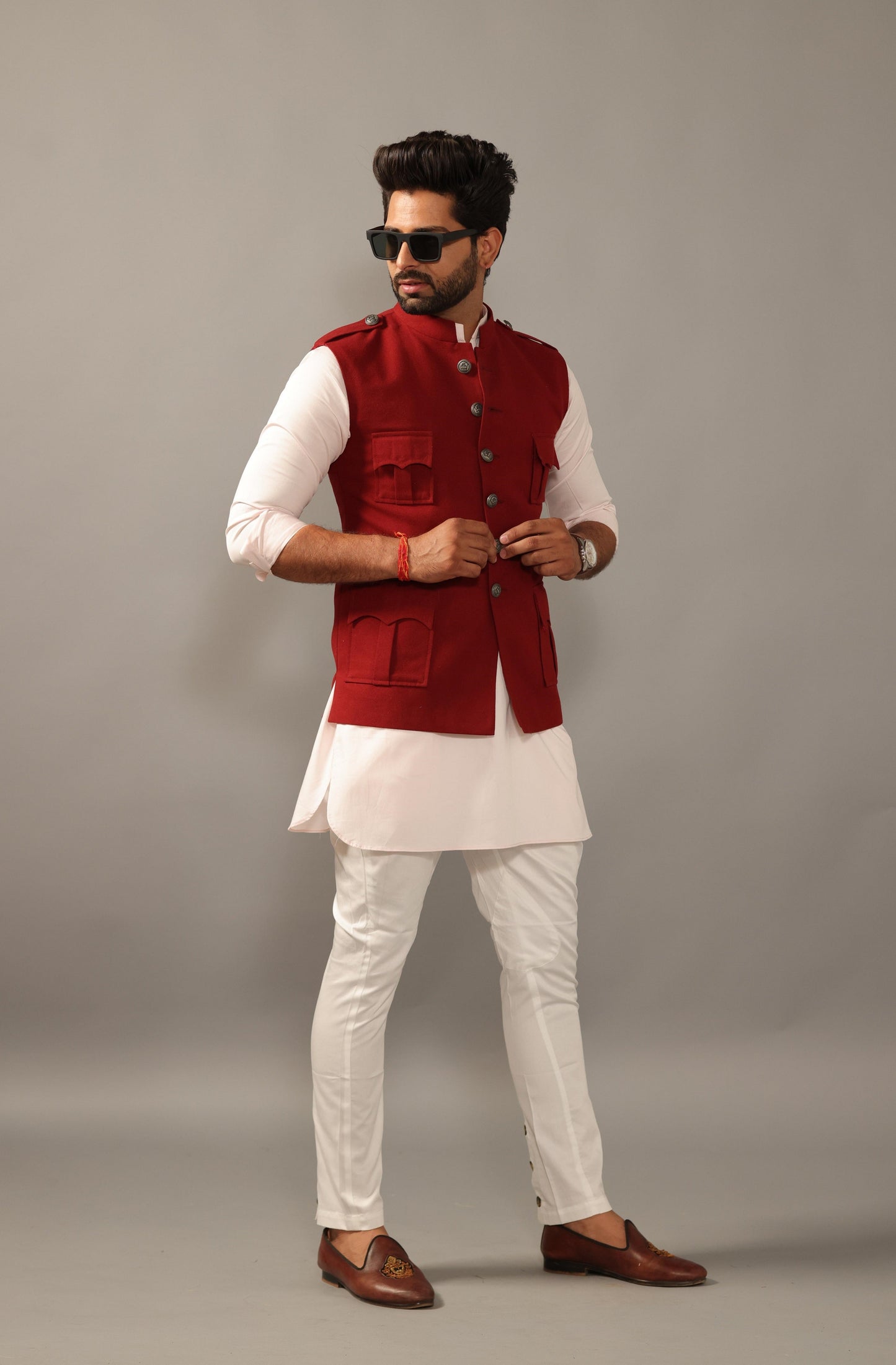 Maroon Hunting Style Jacket With White Kurta Payjama-Handcrafted