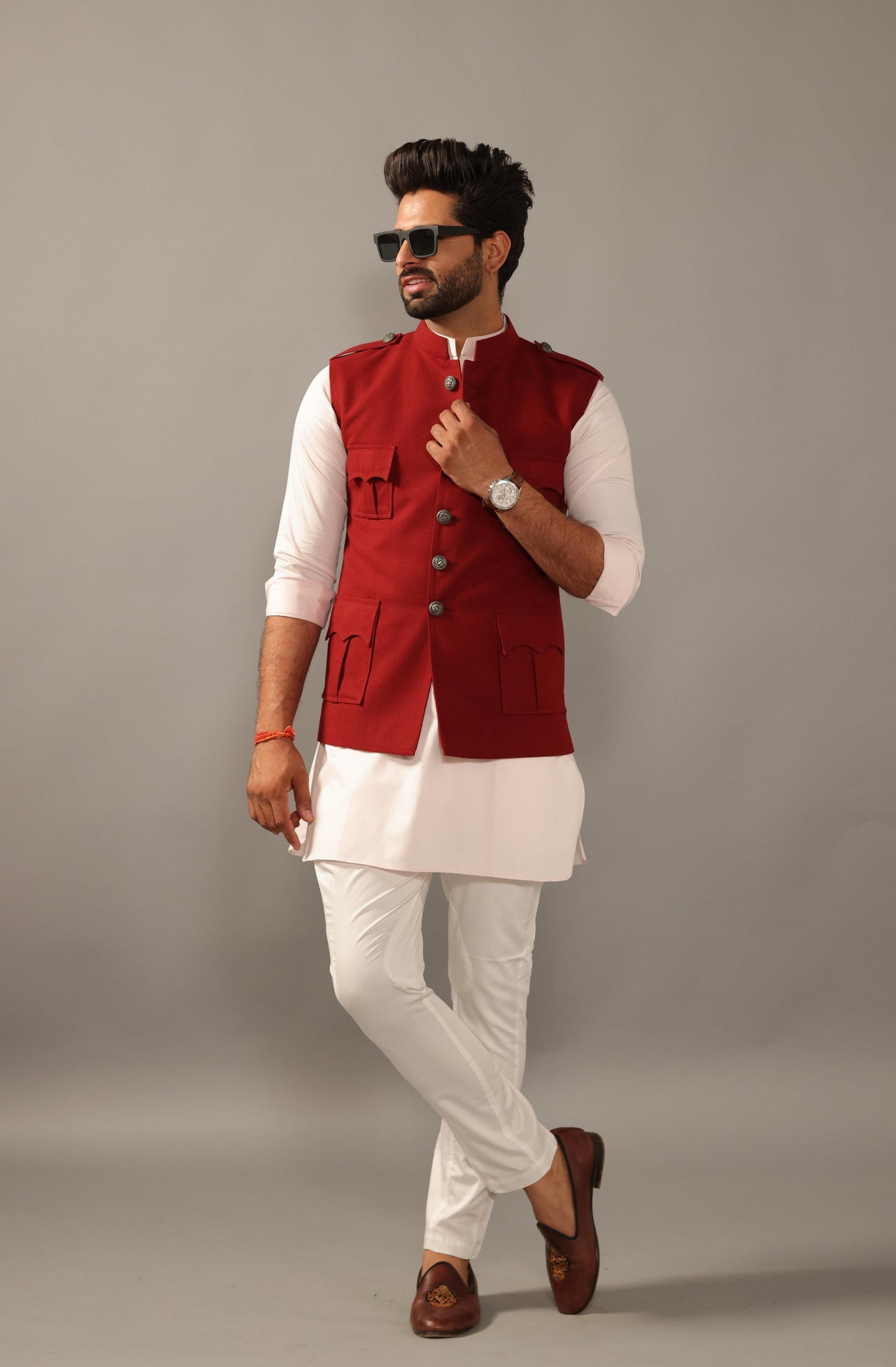 Maroon Hunting Style Jacket With White Kurta Payjama-Handcrafted