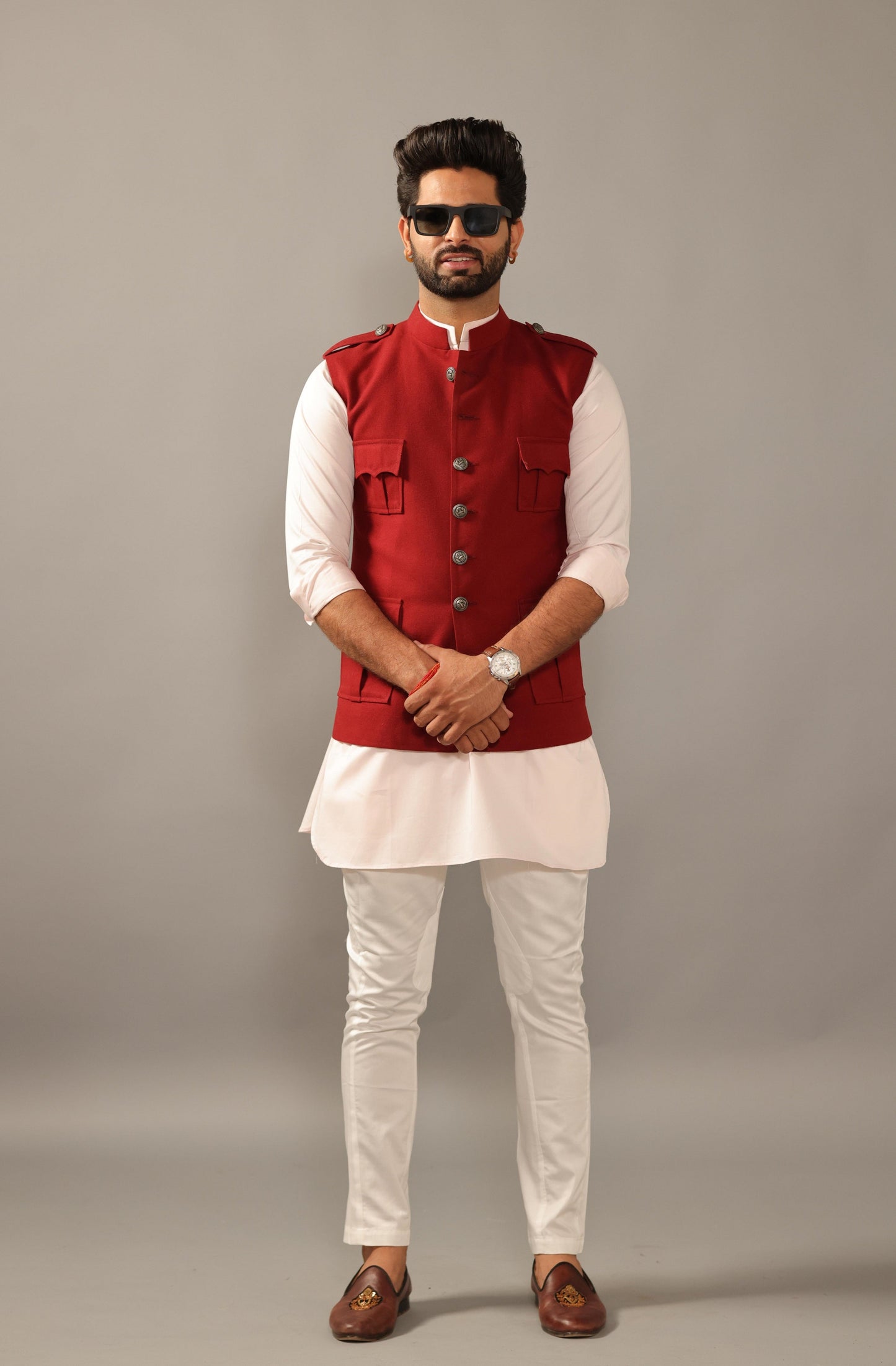 Maroon Hunting Style Jacket With White Kurta Payjama-Handcrafted
