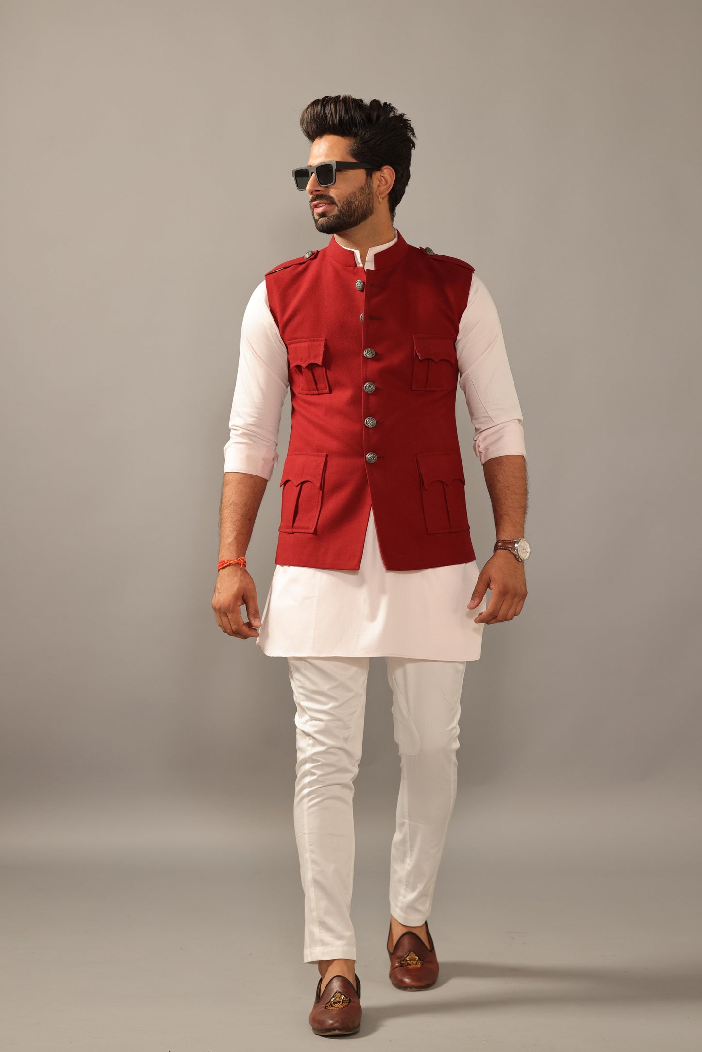 Maroon Hunting Style Jacket With White Kurta Payjama-Handcrafted