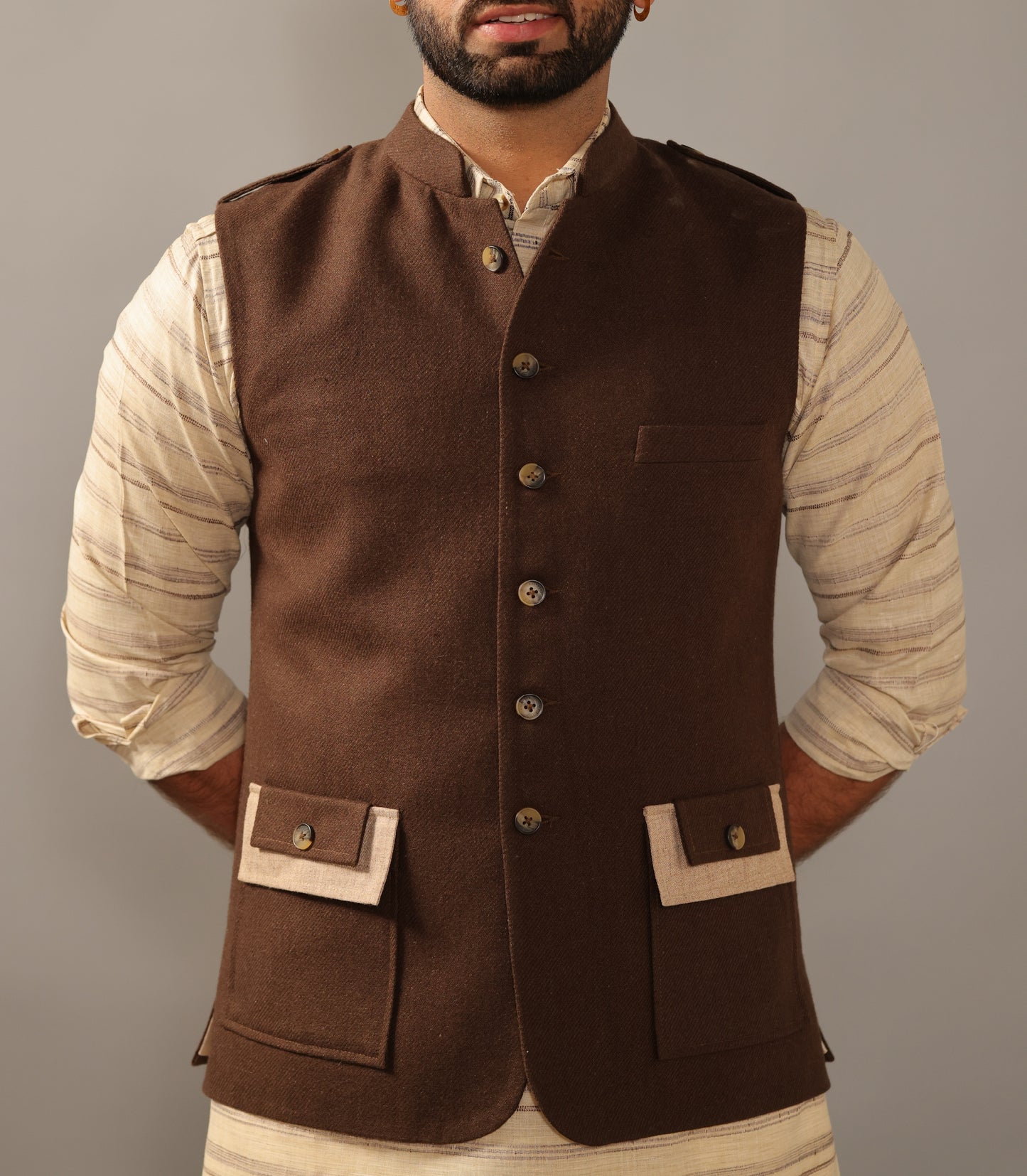 Coffee Brown Hunting Style Jacket With Khakhi Kurta Payjama Set