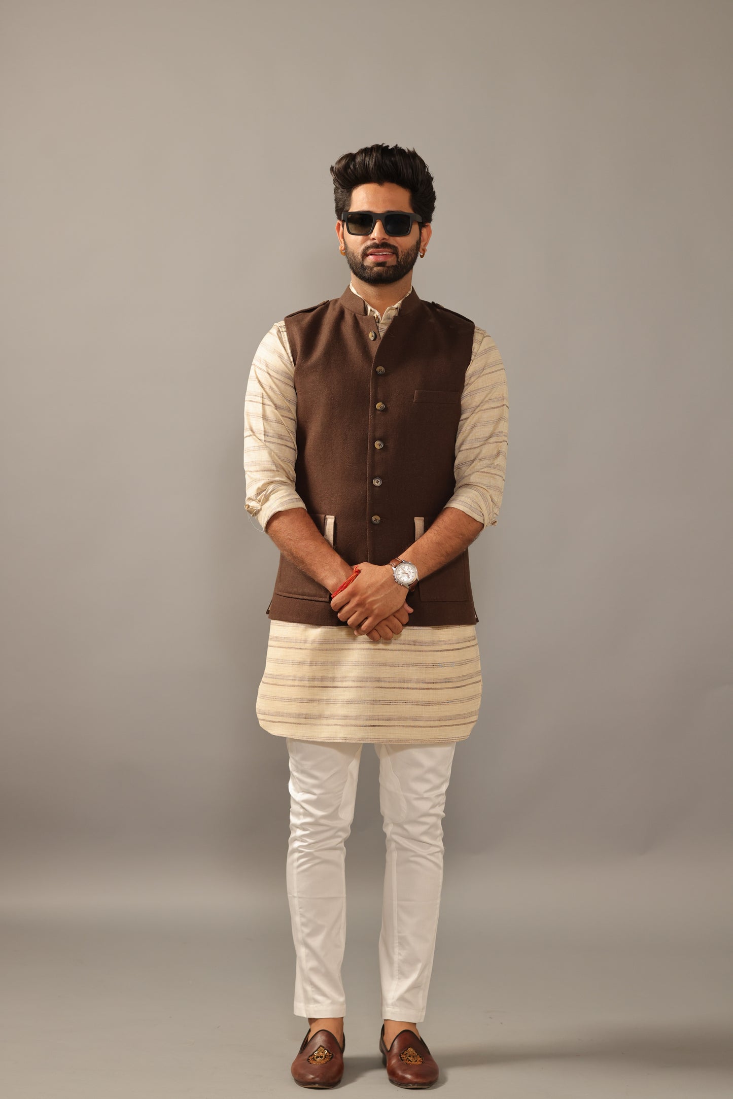 Coffee Brown Hunting Style Jacket With Khakhi Kurta Payjama Set