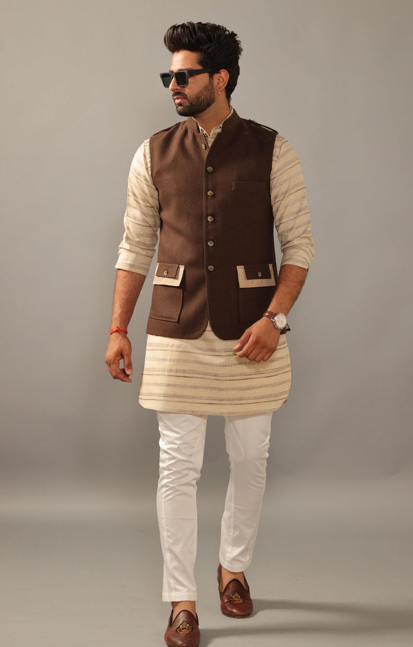 Coffee Brown Hunting Style Jacket With Khakhi Kurta Payjama Set