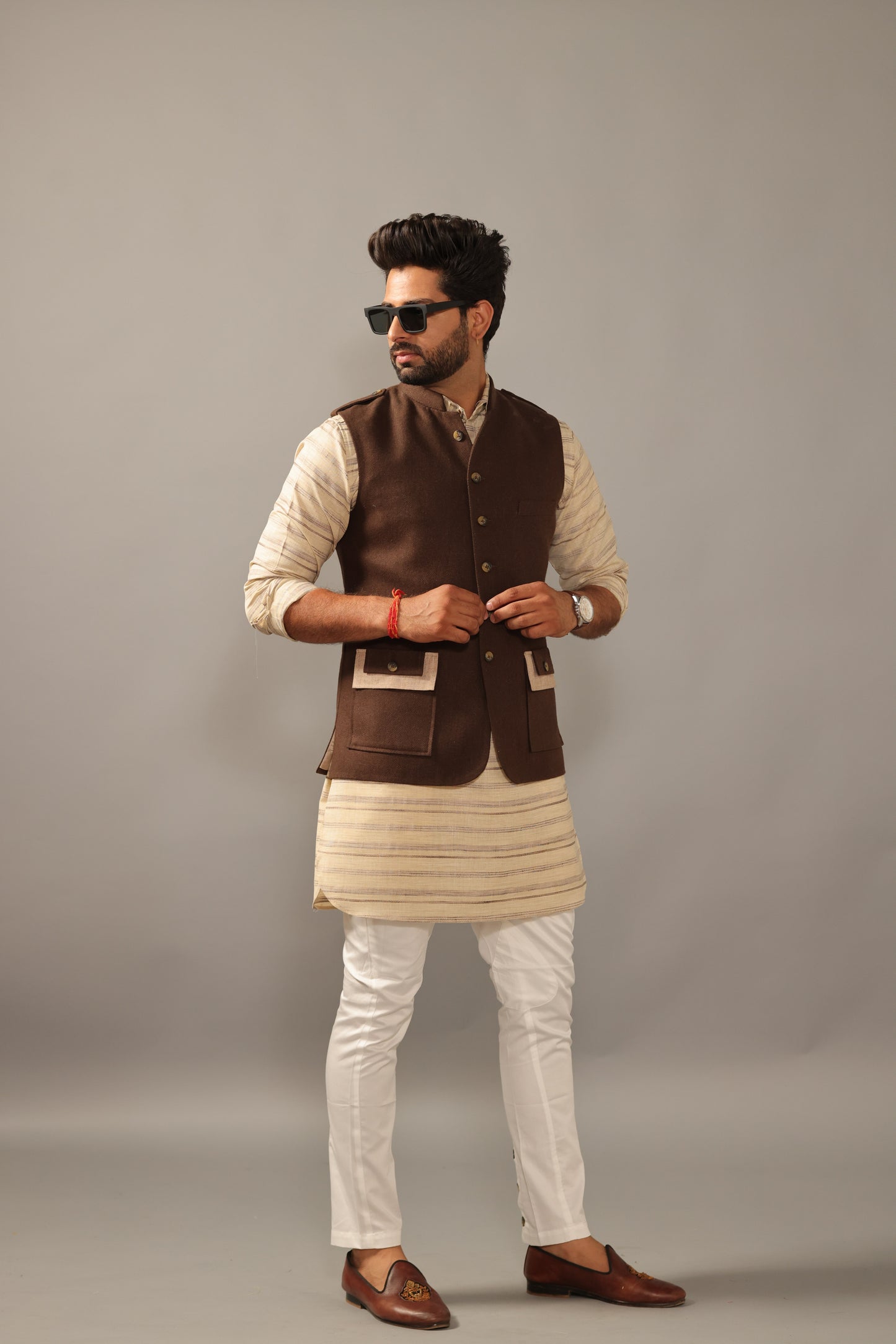 Coffee Brown Hunting Style Jacket With Khakhi Kurta Payjama Set