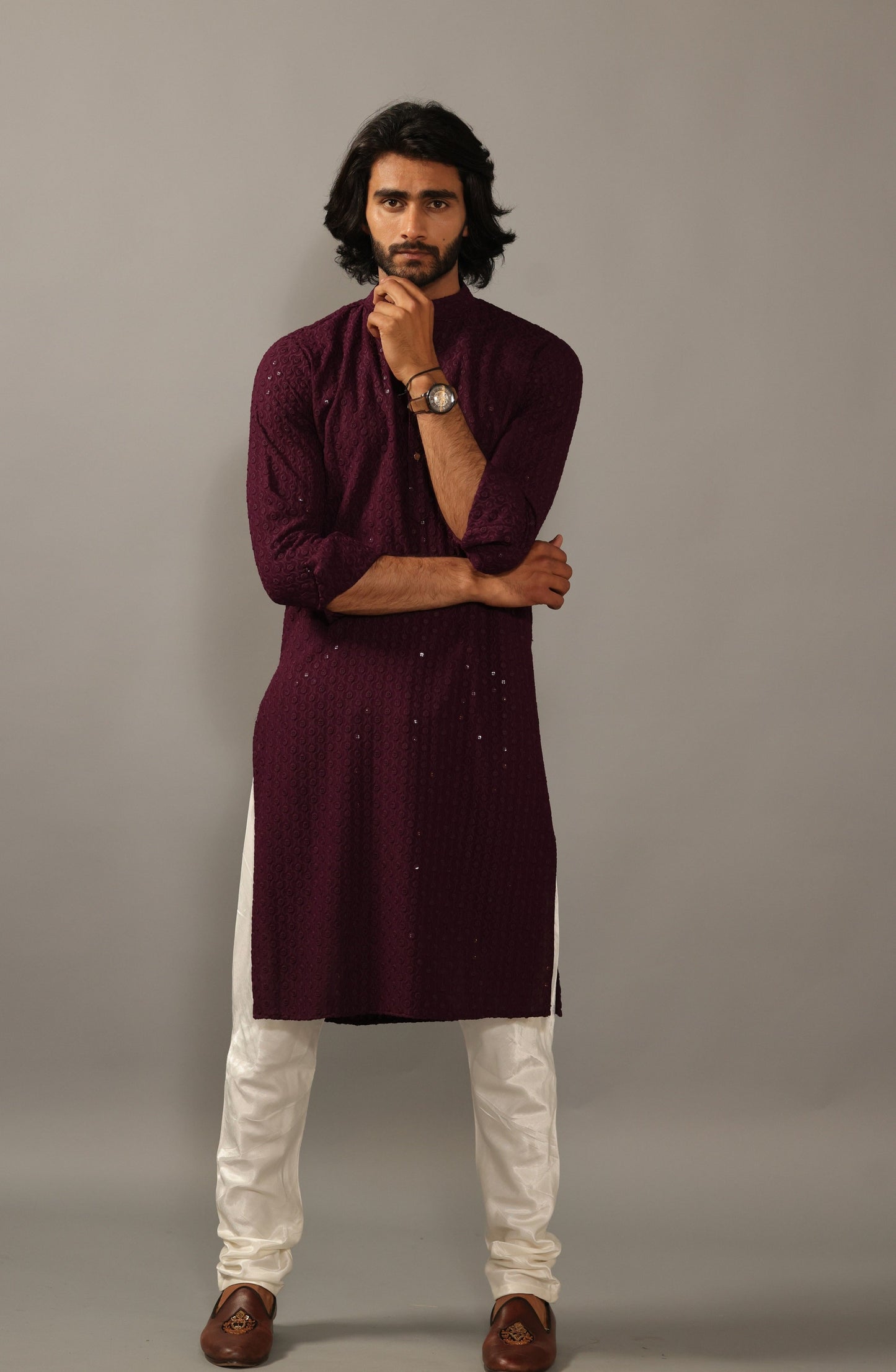 Handmade Wine Chikankaari Embroidered Kurta Pajama Set