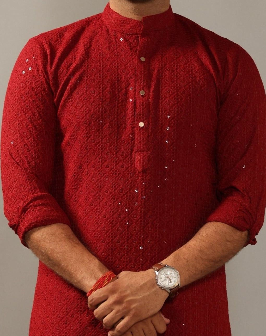 Handmade Ruby Red Chikankaari Embroidered Kurta Pajama Set